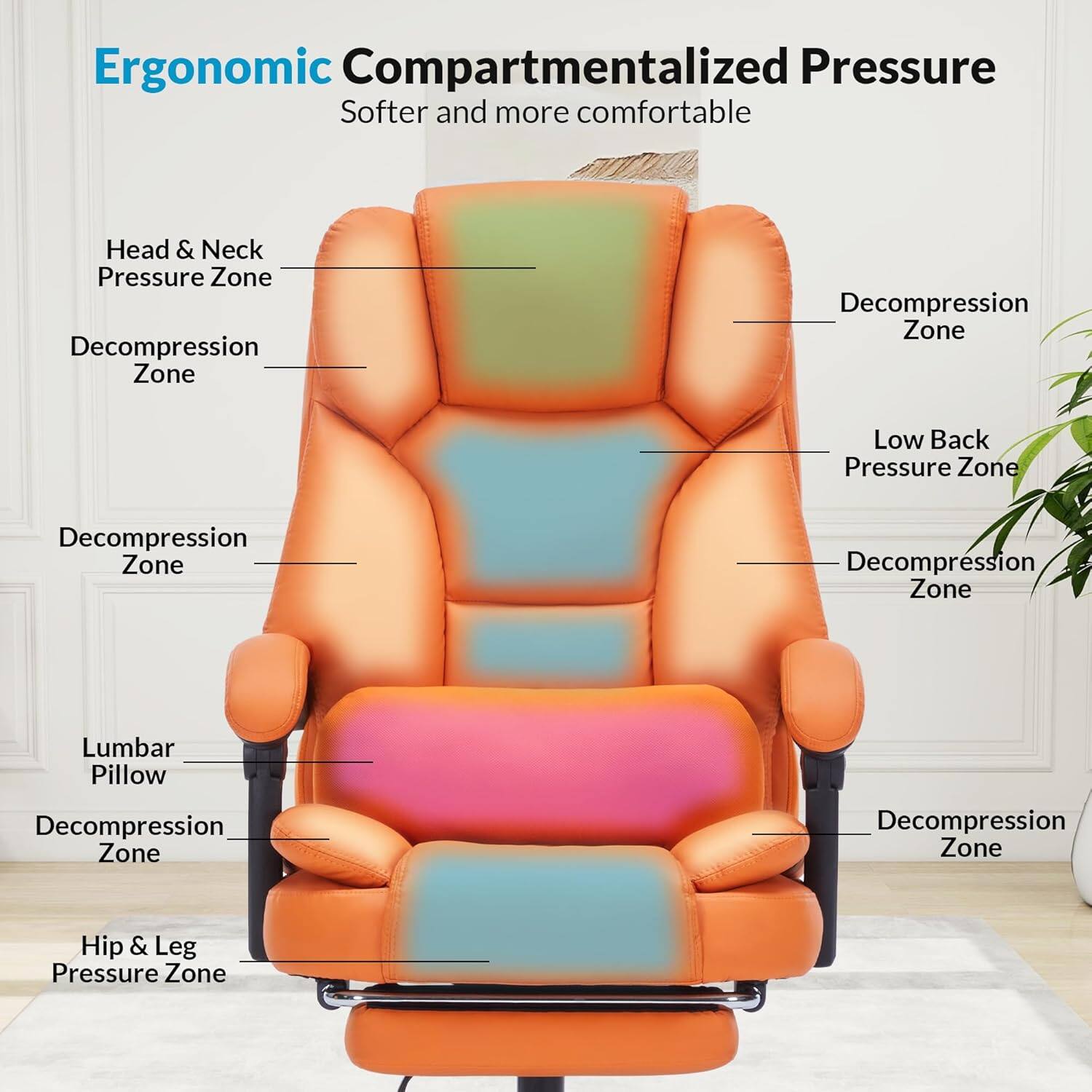 Ergonomic Compartmentalized Pressure  
Softer and more comfortable  

- Head & Neck Pressure Zone  
- Decompression Zone  
- Low Back Pressure Zone  
- Decompression Zone  
- Lumbar Pillow  
- Decompression Zone  
- Hip & Leg Pressure Zone