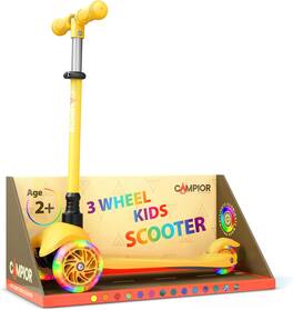 Campior - Mini 3-Wheel Kids Scooter – LED Wheels, Lean-to-Steer, Adjustable Handlebar, Anti-Slip Deck, Rear Brake, for Ages 2+ - Yellow