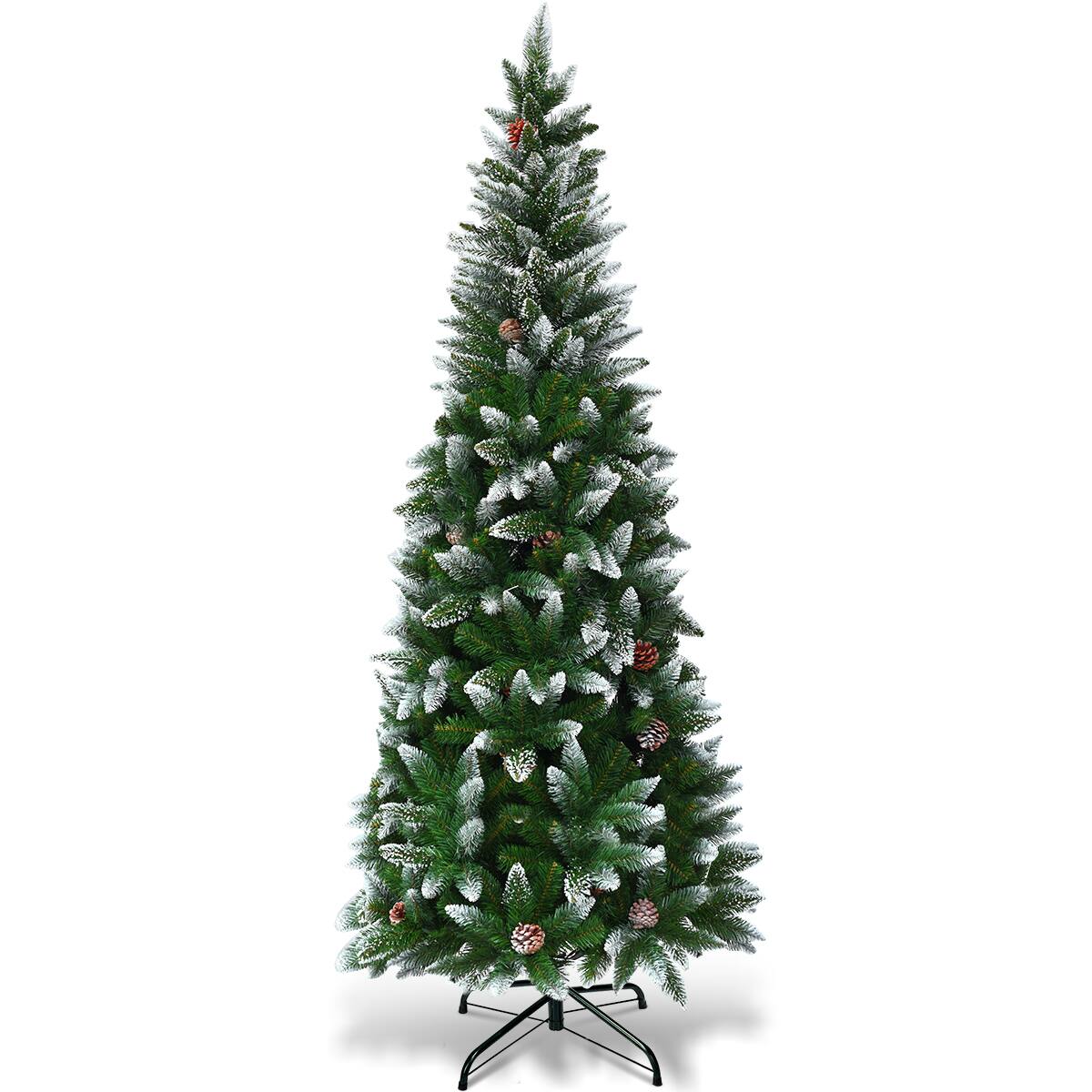 Costway - 6ft Snow Flocked Unlit Pencil Christmas Tree Hinged Pine Cones - Green/White