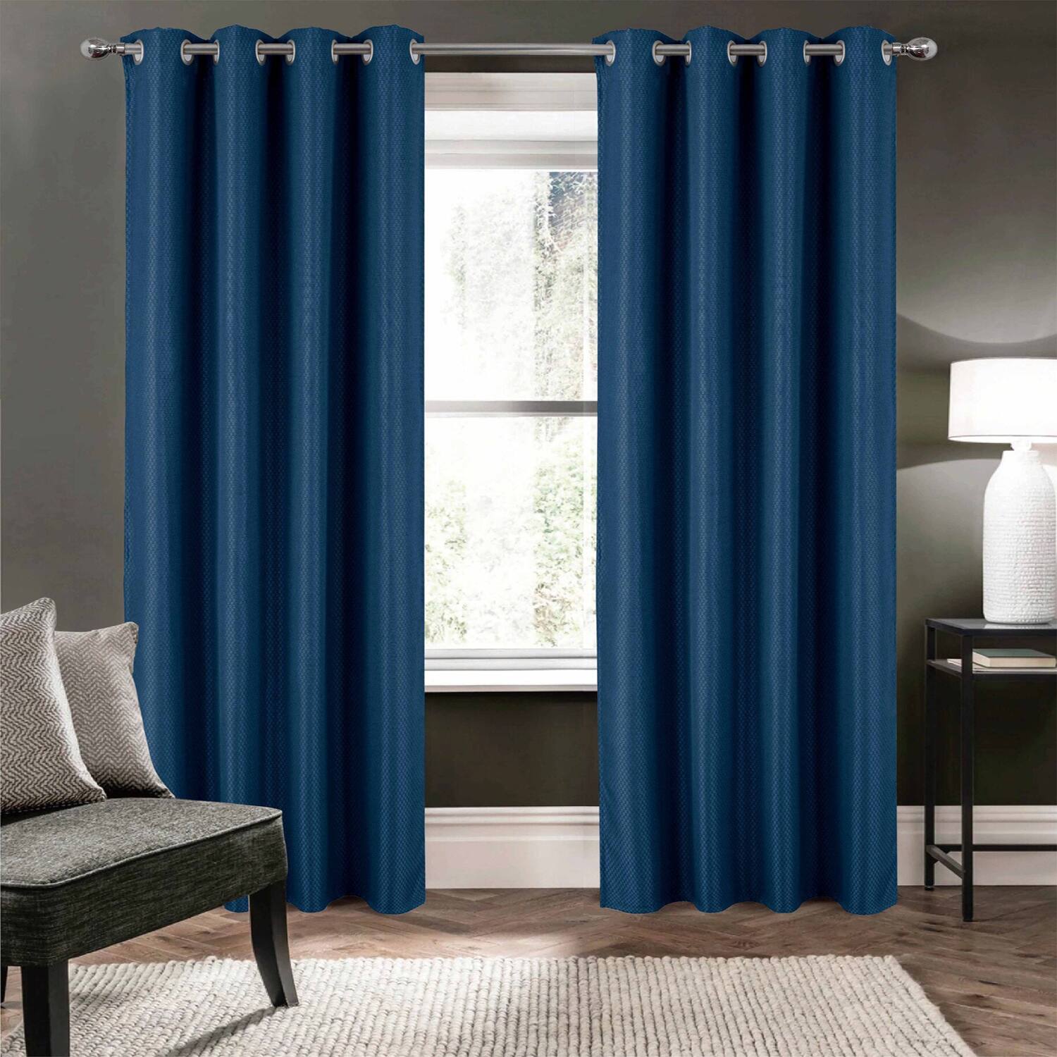 Angle. Olivia Gray - Olivia Gray 100% Polyester 250 GSM Basket Weave Ian Luxury Jacquard Blackout Grommet Curtain Panel 54" x 84" Blue - Blue.