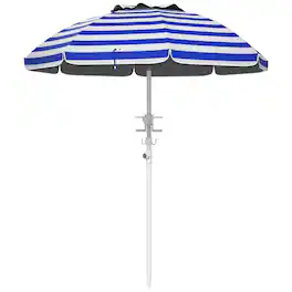 Outsunny - Beach Umbrella for Travel with Tilt, Adjustable Height, 2 Cup Holders, Hooks, Vent, Ruffles - Blue White Stripe