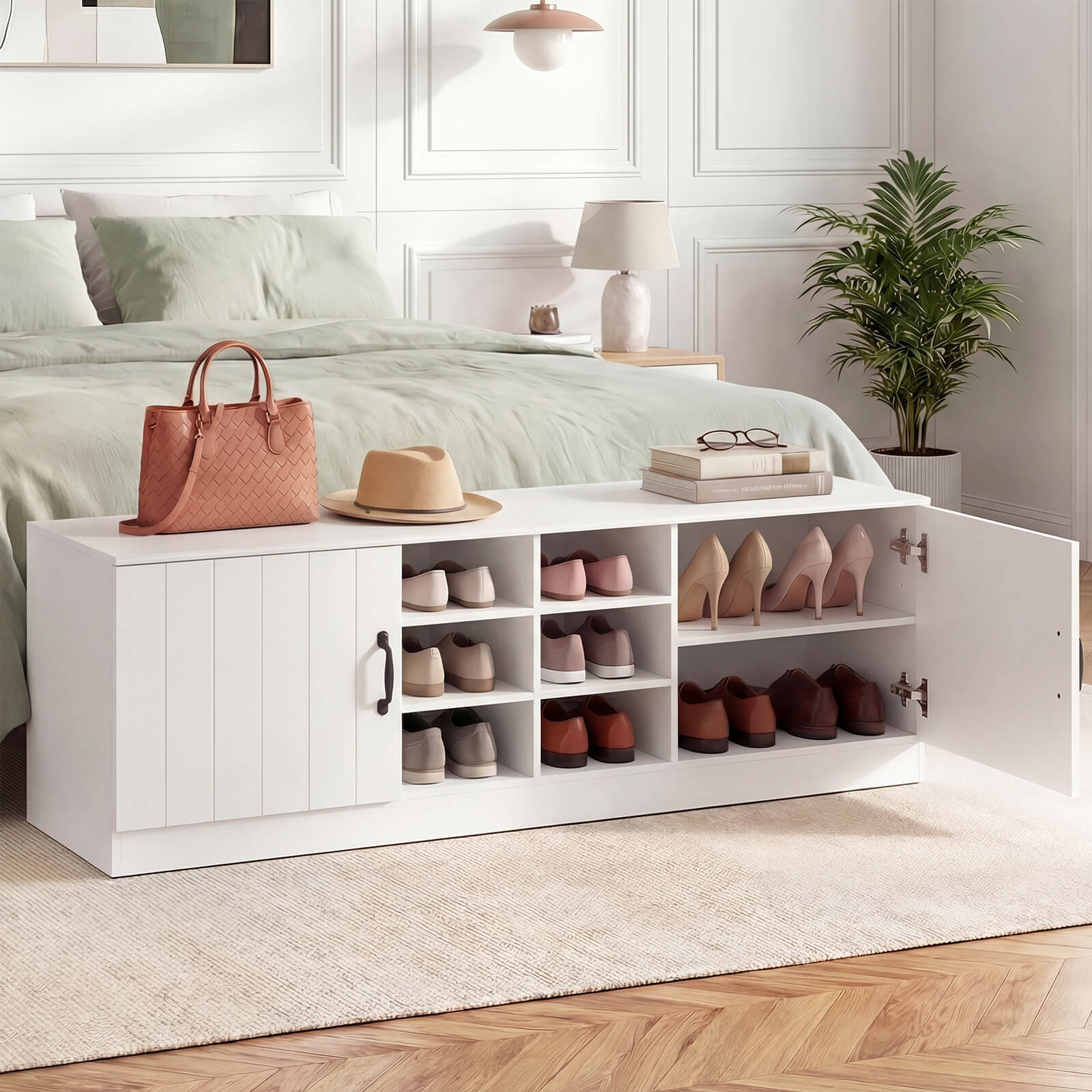 Alt View 4. Costway - Costway 2-Door Shoe Bench wirh Adjustable Shelves & 6 Compartments, Hidden Storage Space - White.
