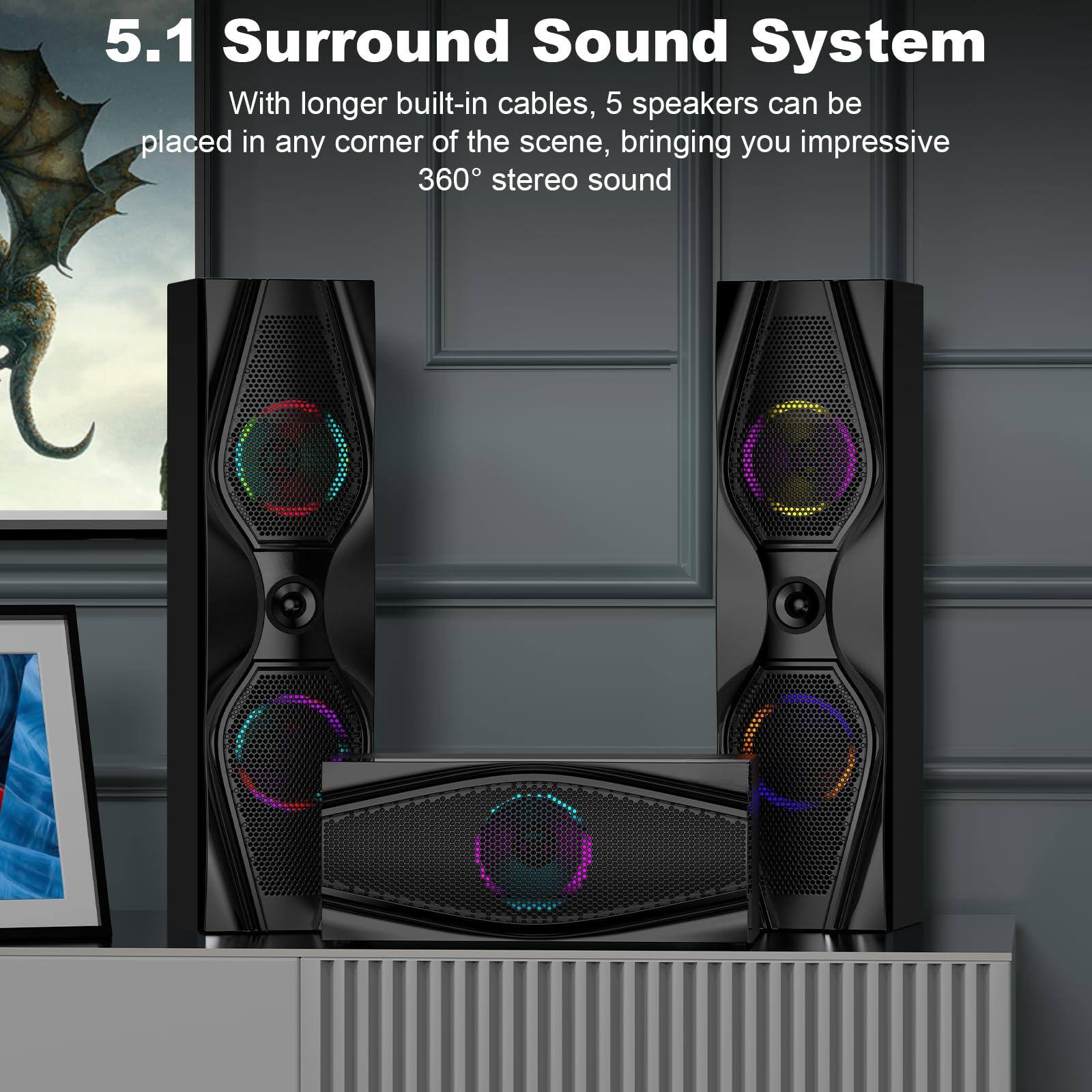 5.1 Surround Sound System

With longer built-in cables, 5 speakers can be placed in any corner of the scene, bringing you impressive 360° stereo sound.