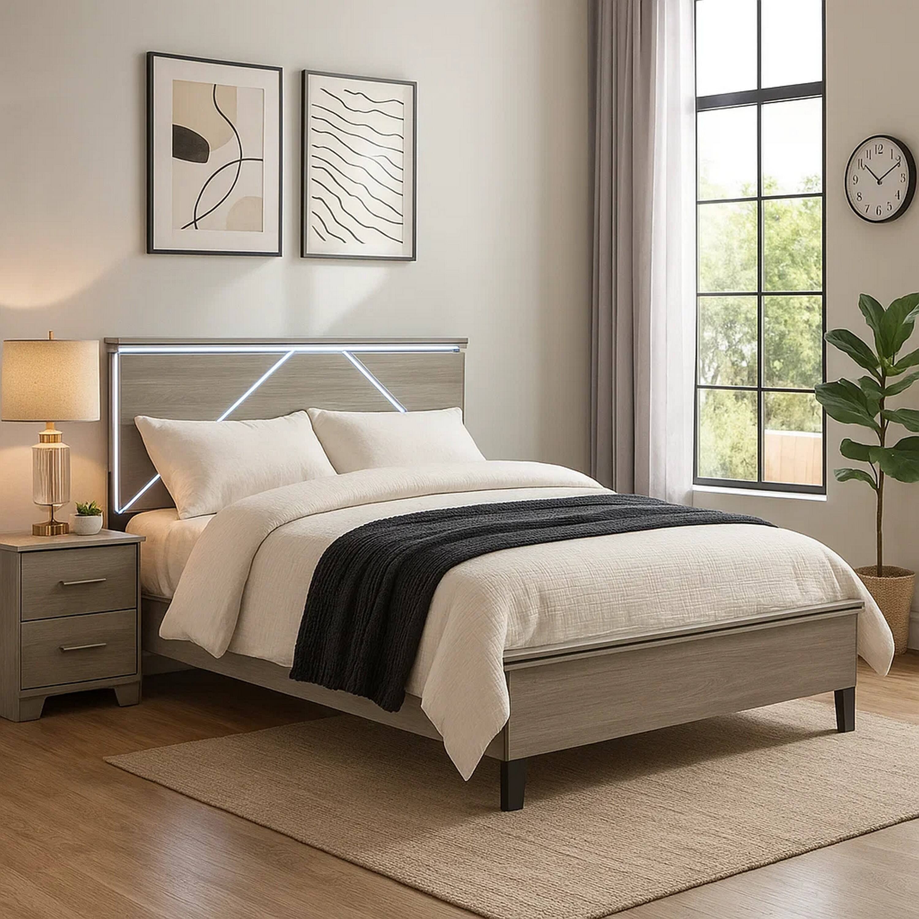 Alt View 6. Manhattan Lane - Anna Queen Bed, Panel Headboard with LED, Weathered Gray Wood, Modern Style - Gray, Black.