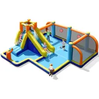 Costway Giant Soccer-Themed Inflatable Water Slide Bouncer W/ Splash Pool Without Blower - Multicolor - Front_Zoom