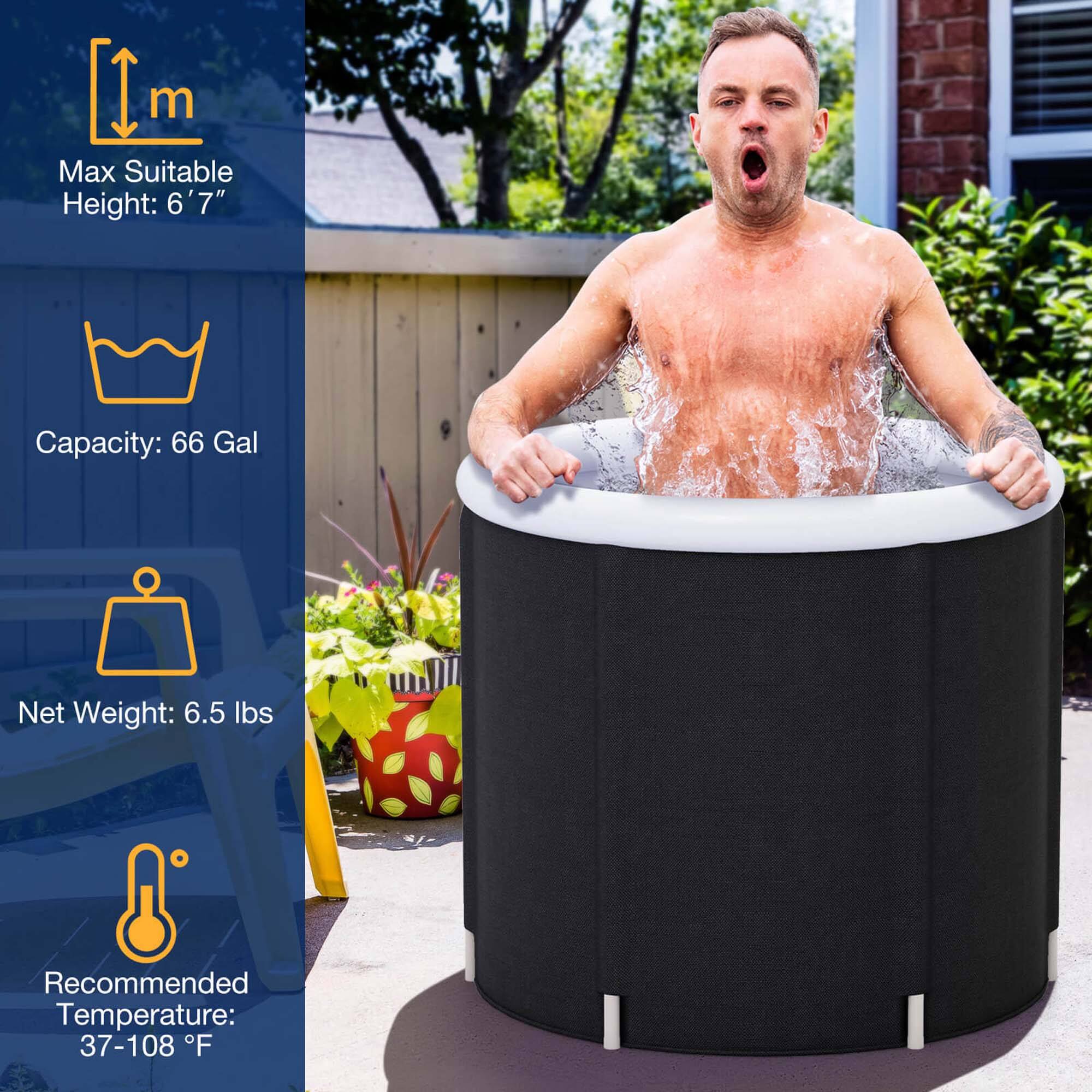 The text on the image is grouped and corrected as follows:

Max Suitable Height: 6'7"
Capacity: 66 Gal
Net Weight: 6.5 lbs
Recommended Temperature: 37-108 F