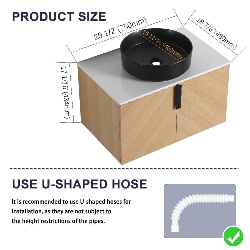PRODUCT SIZE  
18 7/8" (480mm)  
15 12/16" (400mm)  
29 1/2" (750mm)  
17 1/16" (434mm)  

USE U-SHAPED HOSE  
It is recommended to use U-shaped hoses for installation, as they are not subject to the height restrictions of the pipes.