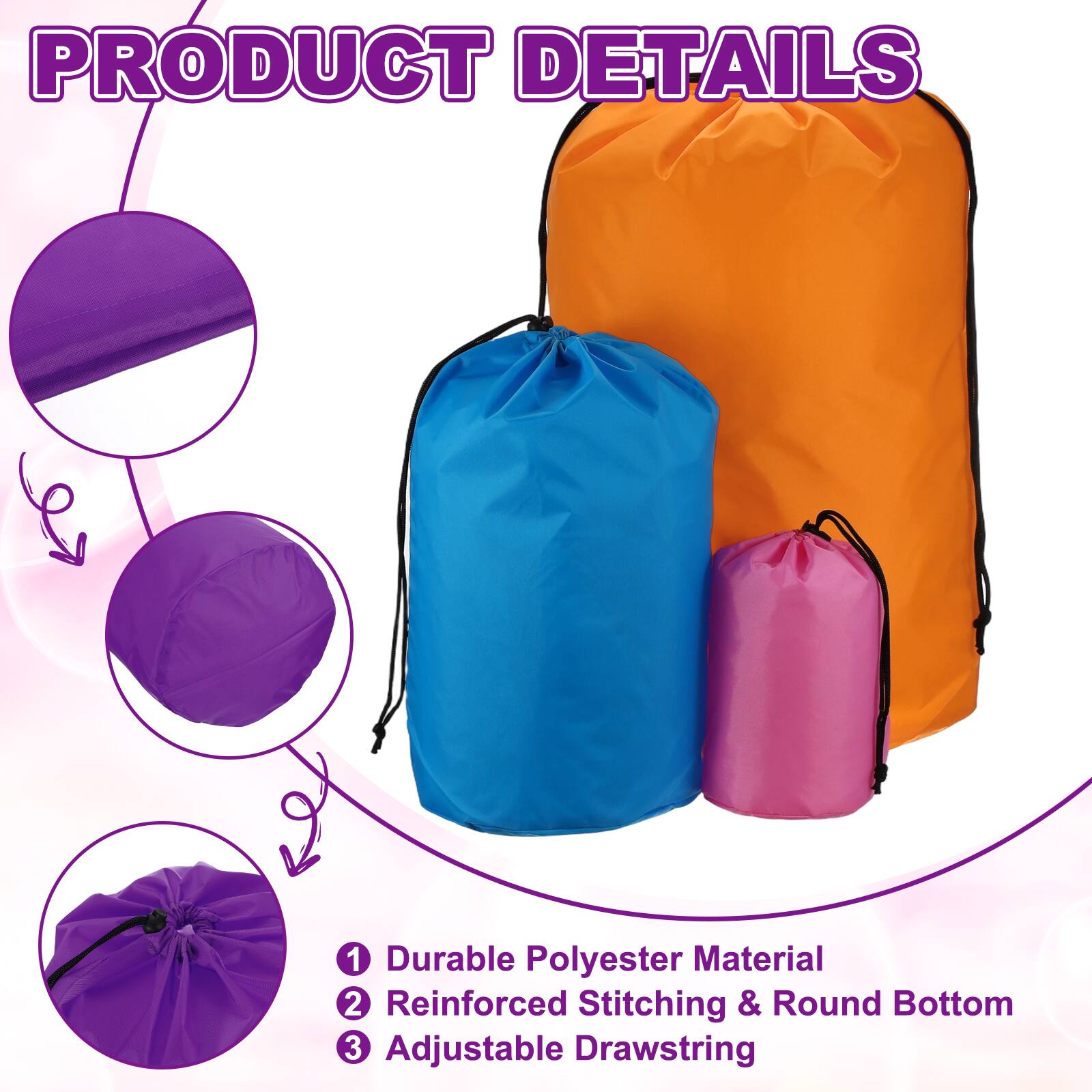 PRODUCT DETAILS

1. Durable Polyester Material
2. Reinforced Stitching & Round Bottom
3. Adjustable Drawstring