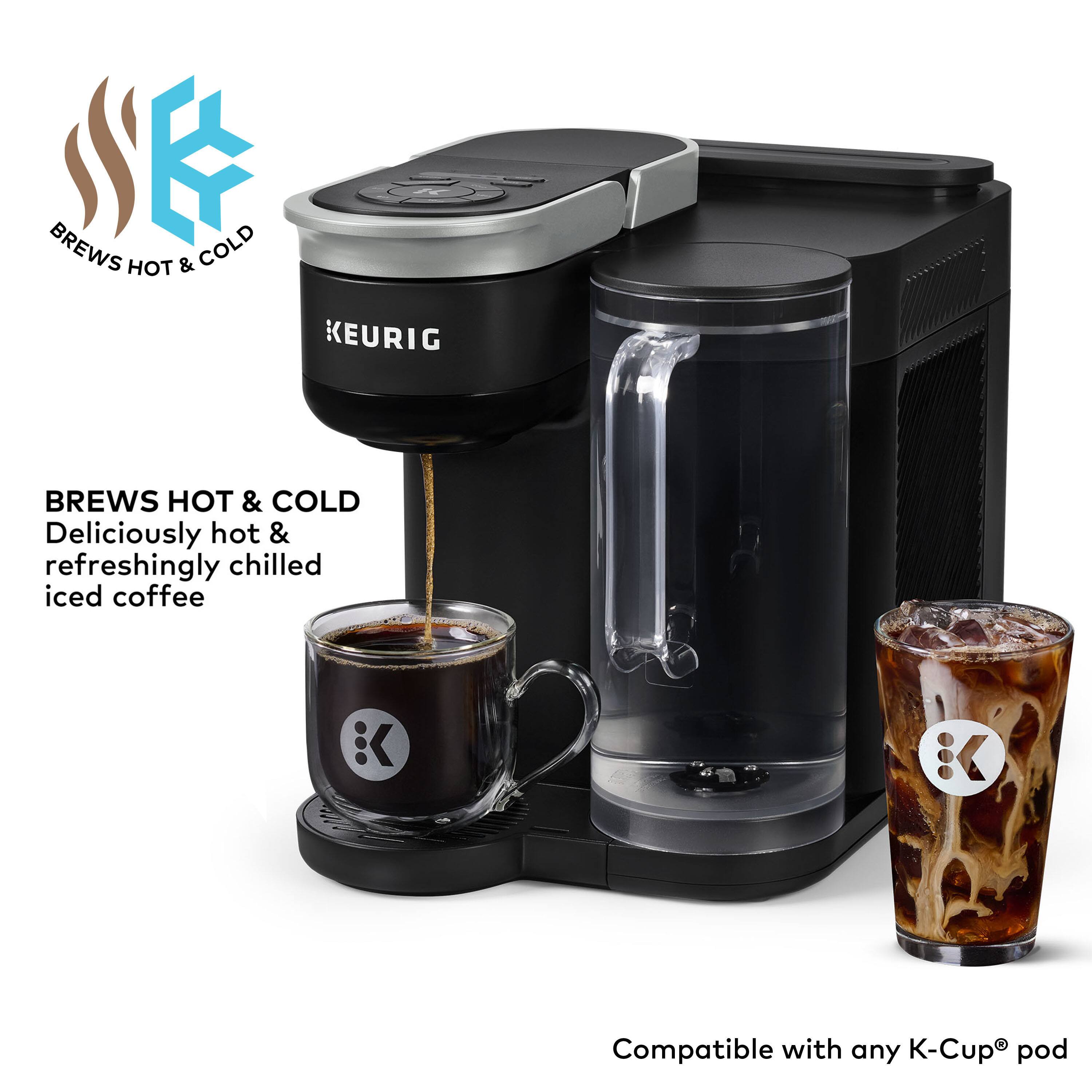 The text on the image is grouped and corrected as follows:

"Brews Hot & Cold: Deliciously hot & refreshingly chilled iced coffee. Keurig compatible with any K-Cup pod."