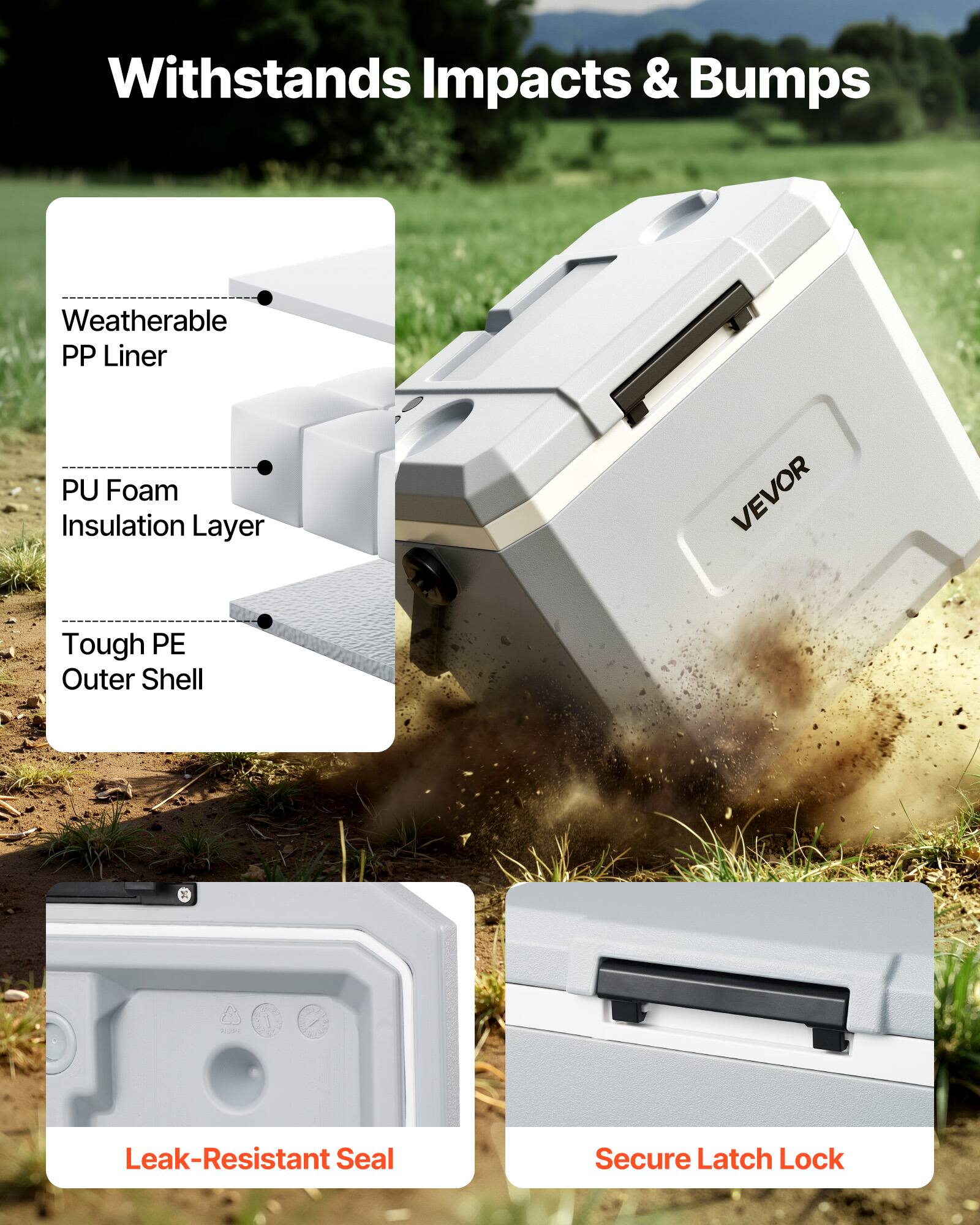 Withstands Impacts & Bumps

- Weatherable PP Liner
- PU Foam Insulation Layer
- Tough PE Outer Shell

Leak-Resistant Seal

Secure Latch Lock