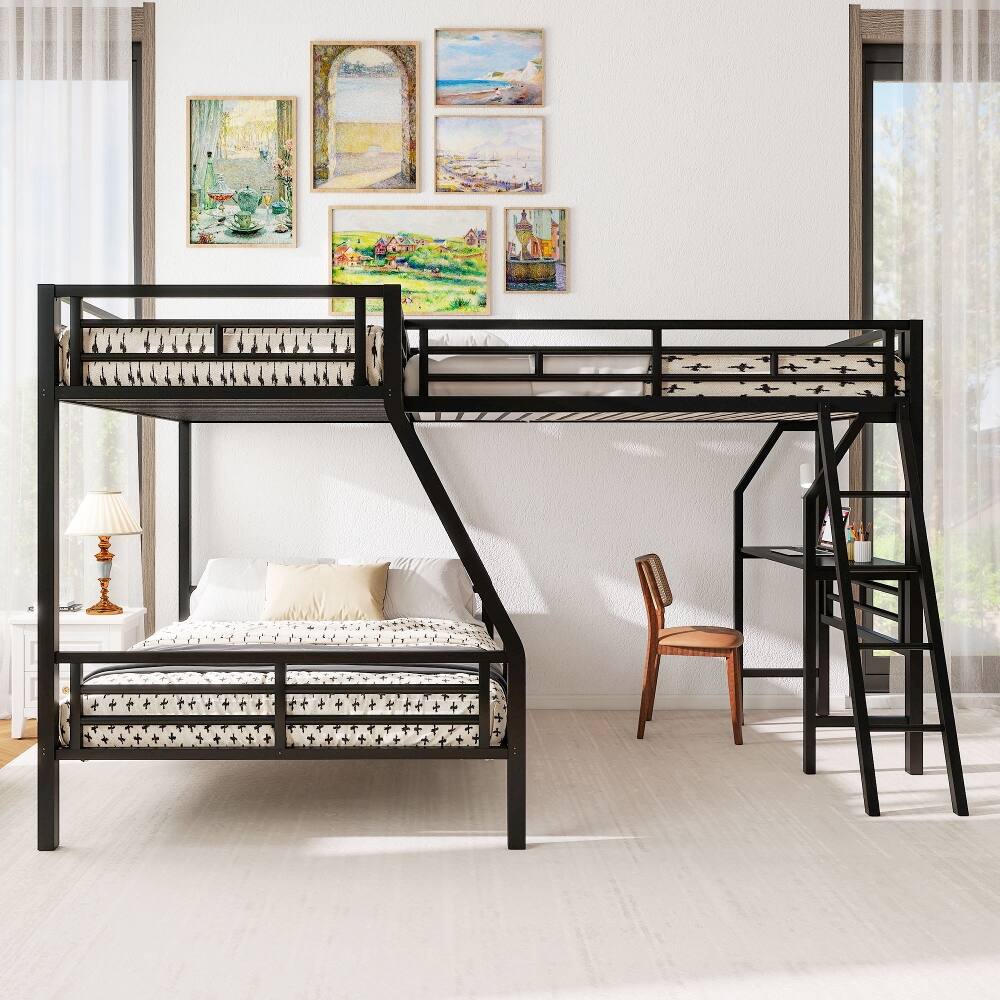 Left. Loheer - Loheer Twin Over Full Bunk Bed with Desk Black Metal L-Shaped Triple Loft Bed - Black.