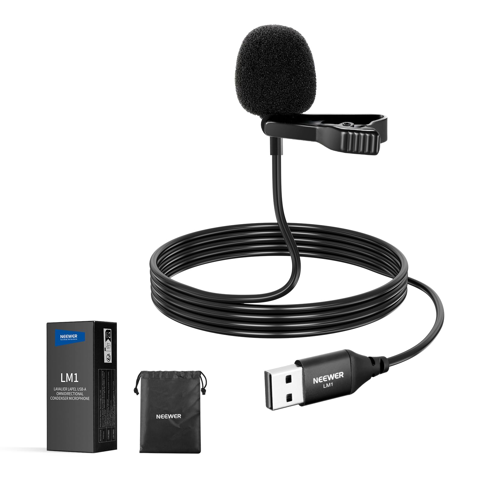 Neewer - USB-A Lavalier Microphone, Plug & Play, Omnidirectional, 2m Cable, LM1