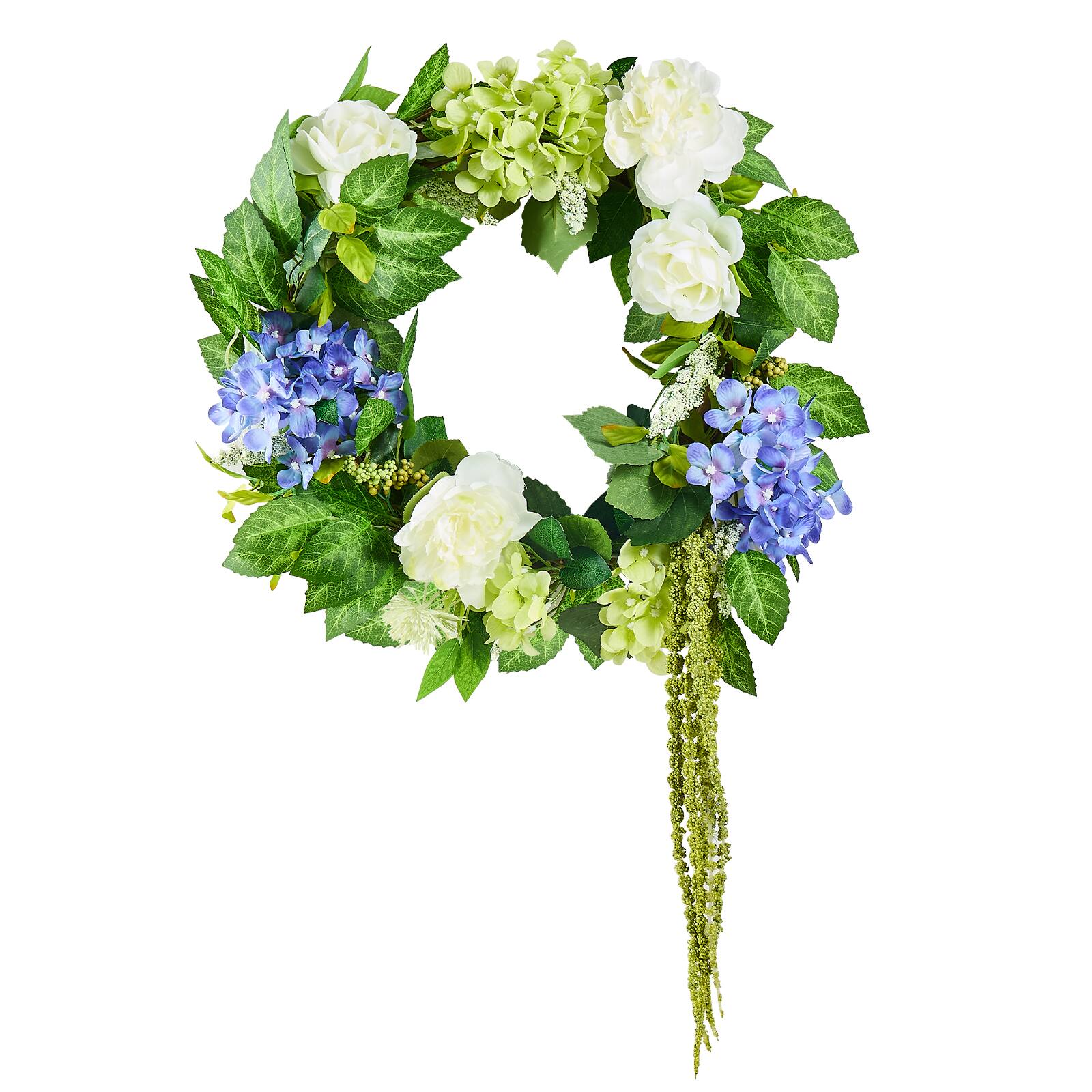 Alt View 5. VEVOR - Artificial Decorative Wreath, 23 in, Blue White Green, Decorated with Hydrangeas, Roses, Berries, Year Round Wreath - Blue, White, Green.