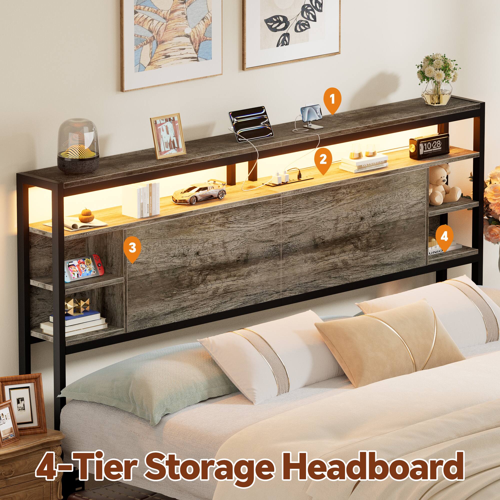 1 B 2 Go MANA 10:28  
3 4  
4-Tier Storage Headboard
