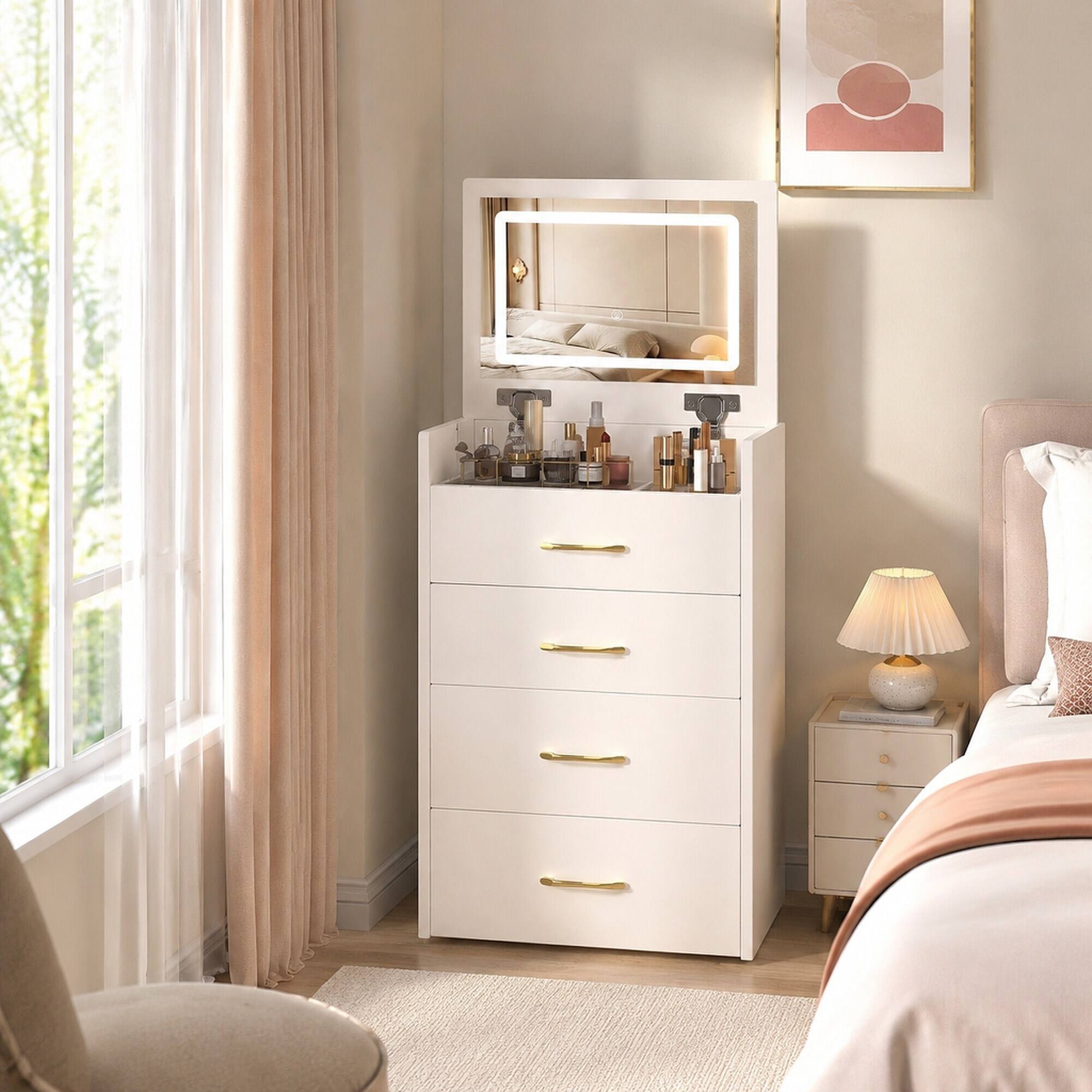 Back. RYHNUYNE - 3 in 1 Vanity Desk, Compact Makeup Table, Flip Up Mirror, Glass Top, 3 Drawers, Cushion Stool, Bedroom - White.