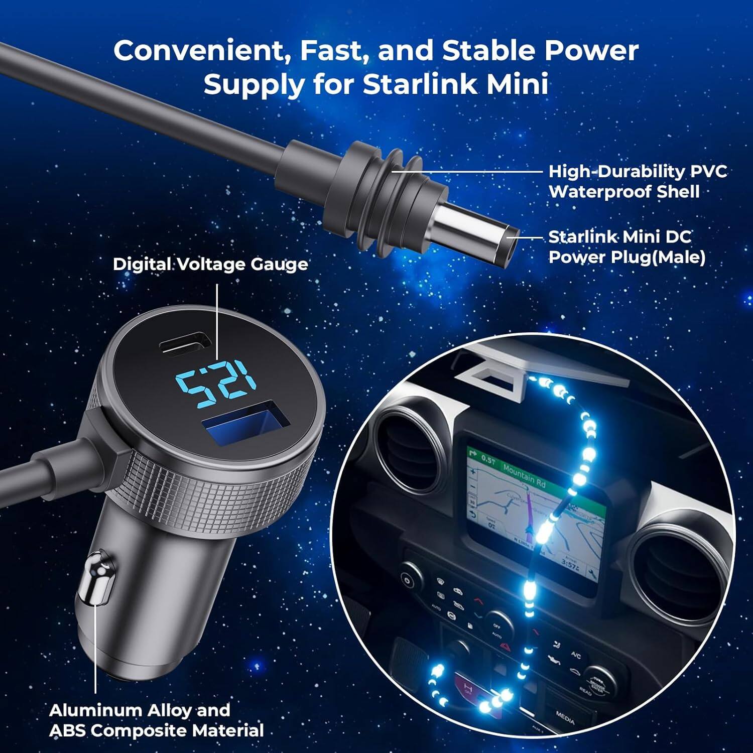 Convenient, Fast, and Stable Power Supply for Starlink Mini

- High-Durability PVC Waterproof Shell
- Starlink Mini DC Power Plug (Male)
- Digital Voltage Gauge
- Aluminum Alloy and ABS Composite Material