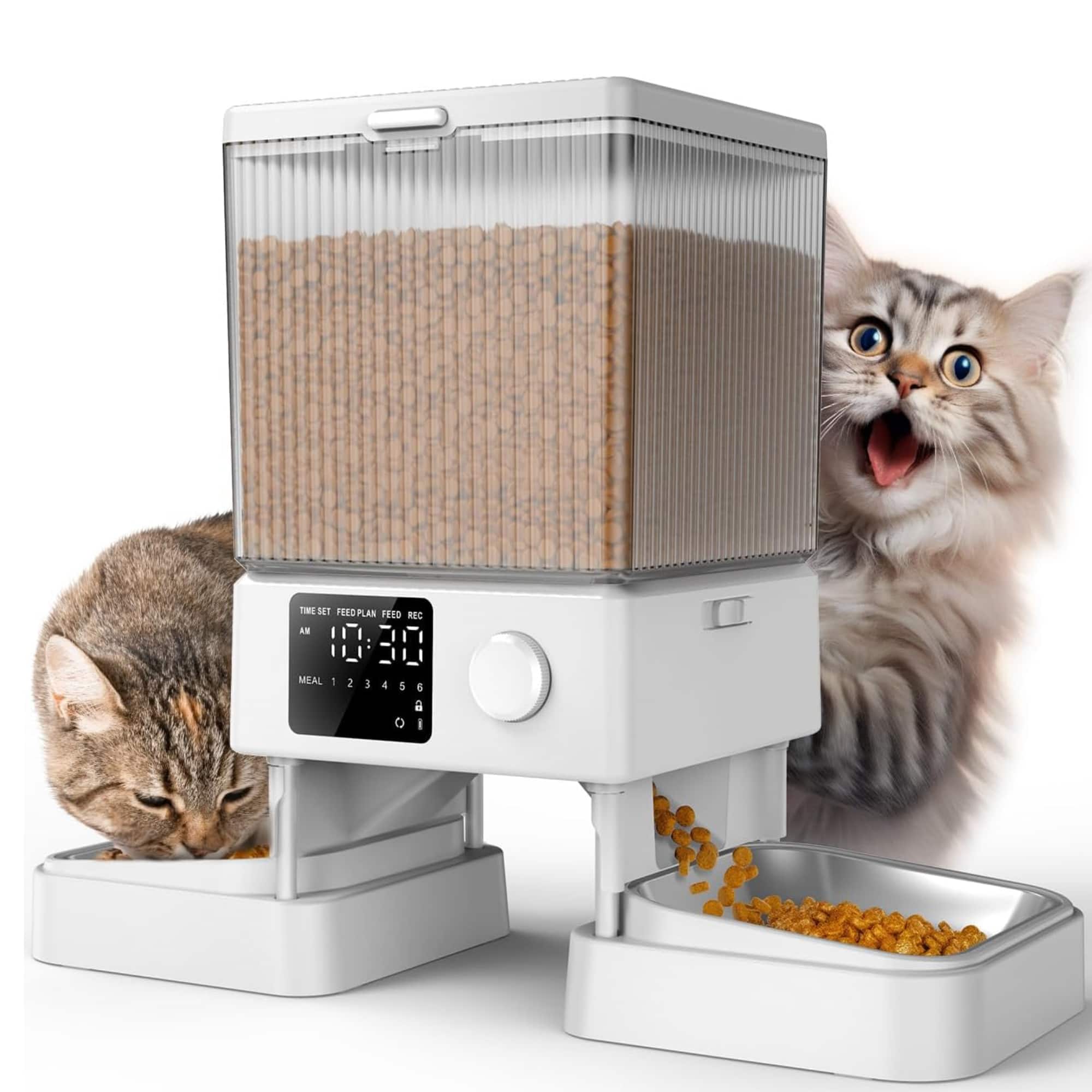 Oneisall - 5L/169oz Dual Bowl Automatic Cat Feeder, Stainless Steel,Freshness Seal,Voice Record,Dual Power Supply - White