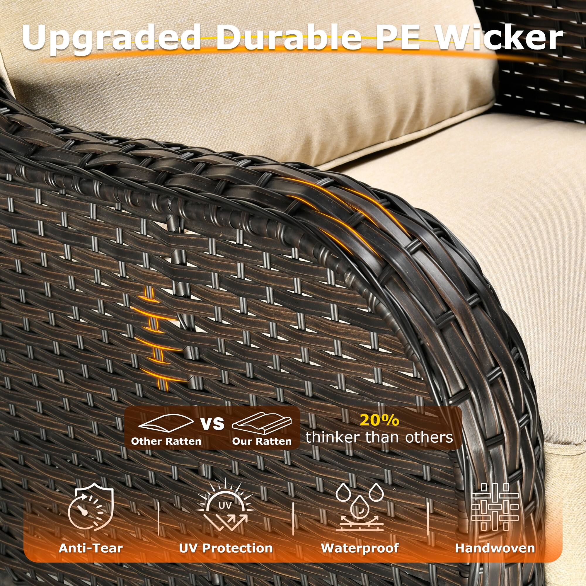 Upgraded Durable PE Wicker

VS

Other Ratten | Our Ratten

20% thinker than others

Anti-Tear | UV Protection | Waterproof | Handwoven