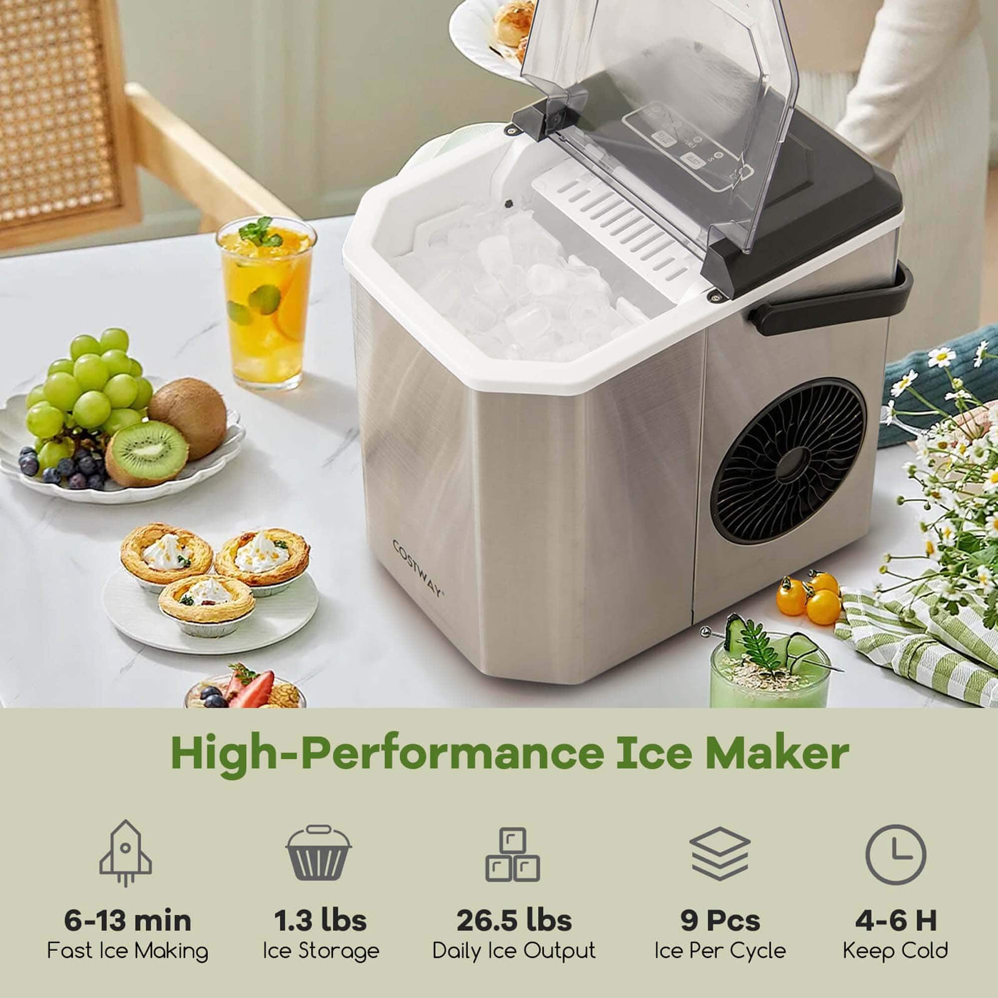 High-Performance Ice Maker:
* 6-13 min Fast Ice Making
* 1.3 lbs Ice Storage
* 26.5 lbs Daily Ice Output
* 9 Pcs Ice Per Cycle
* 4-6 H Keep Cold