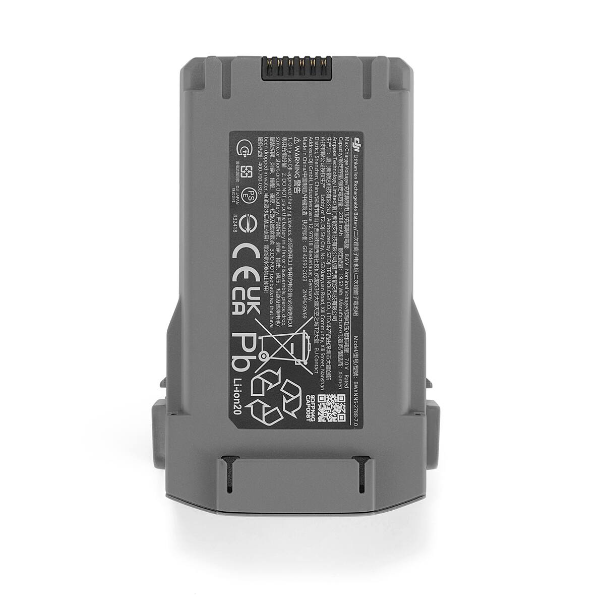 -700-030 15-05-27 D'ILMAM R32418 EUK Pb Li-ion20

been   MACOUNT

   US4 batteries that have

strike, short-ci the SUEF  

DO NOT place charging hattery devices inafir  or /DJI

W  WARNING

Made MASSED  2INP6/39/69

Address: District, DJIGmbH Shenzhen, lederlauer, many EU Contact 0DFPN40

Lobby of No. DJI Sky City 53 Manyuan Road, Community. xm Street, Nanshan

ATRAS rized by 5Z TECHNOLO 

Ampace TRESS SVICE

Capacity/ 2788 man 19.52 Wh Manufacturer//: Xiamen

Max harge / 86V Nominal 70V Rated

CIJI Lithium Ion Hezhargeable   Model// BWXNNS-2788-7.0