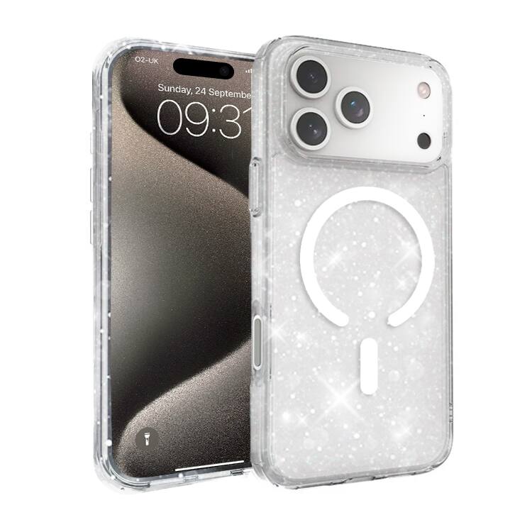 Entronix - Magnetic Case for iPhone 17 Pro - Hard Back Design - Glitter Clear