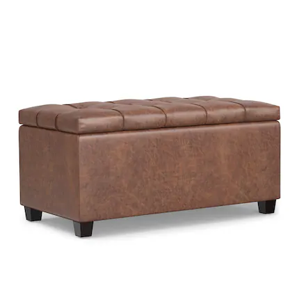 Front. Simpli Home - Sienna 33 inch Wide Storage Ottoman Bench in Distressed Saddle Brown Vegan Leather - Distressed Saddle Brown.