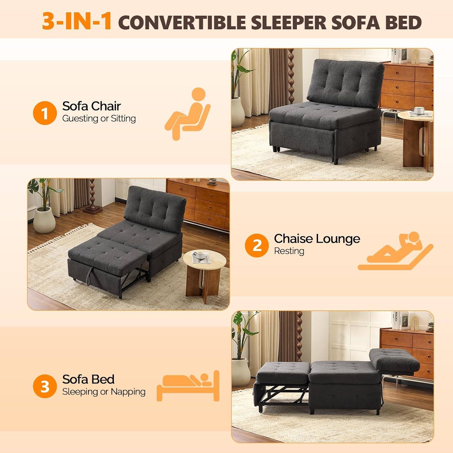 3-IN-1 CONVERTIBLE SLEEPER SOFA BED

1. Sofa Chair
   - Guesting or Sitting

2. Chaise Lounge
   - Resting

3. Sofa Bed
   - Sleeping or Napping