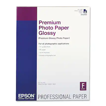 17" x 22" 432mm x 559mm 25 gsm 10 mil STYLUS PROFESSIONAL PAPER S042092 Premium Photo Paper Glossy (Premium Glossy Photo Paper) For all photographic applications "F" surface finish RC paper 10 mil thickness Durable photographic feel For use with Stylus Pro 3800 / 3800C / 3850 3850 F GLOSSY EPSON PROFESSIONAL PAPER EXCEED YOUR VISION
