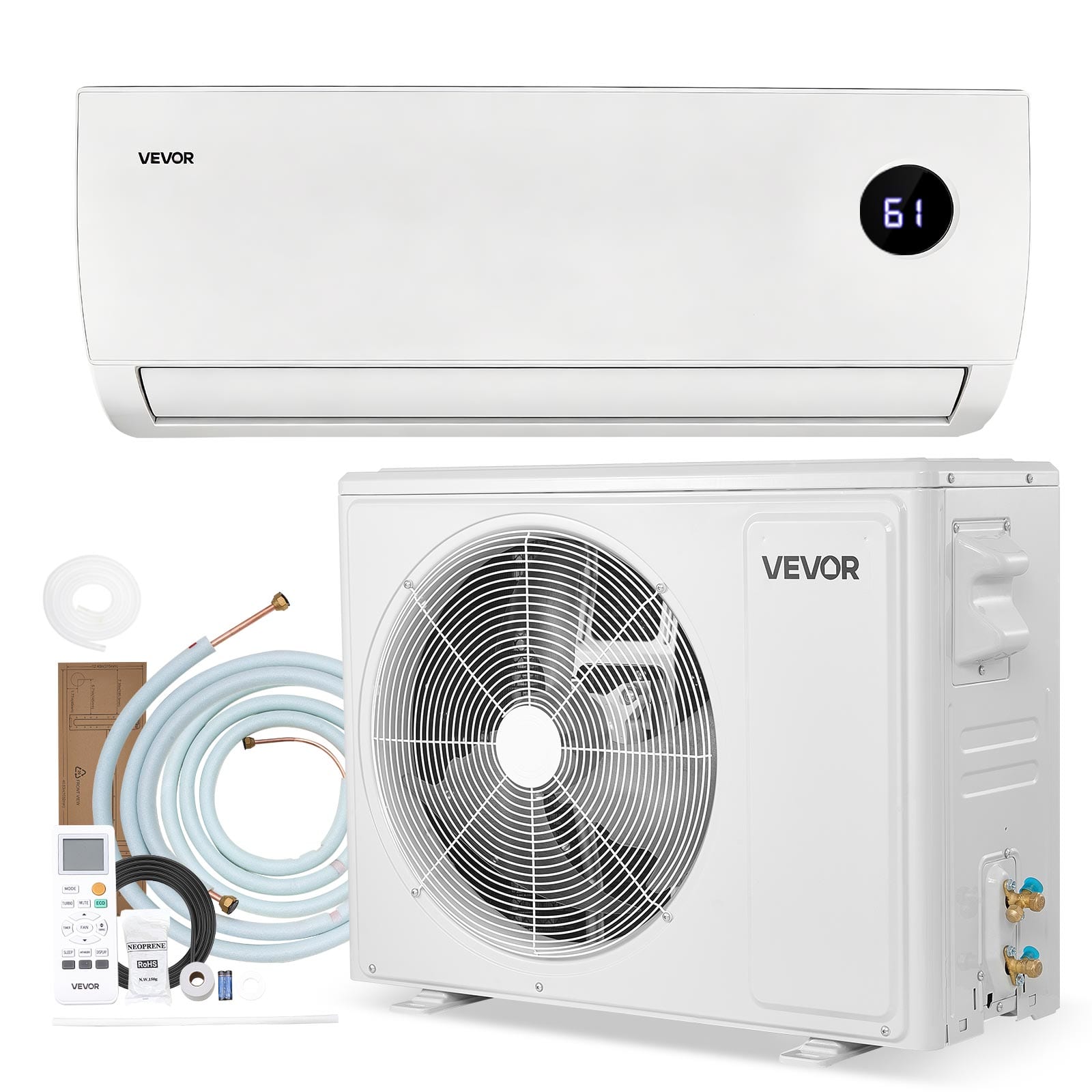 VEVOR - Mini Split Air Conditioner, 12,000 BTU AC / 12,500 BTU Heat, 230V 19 SEER2 High Efficiency Energy Saving - White