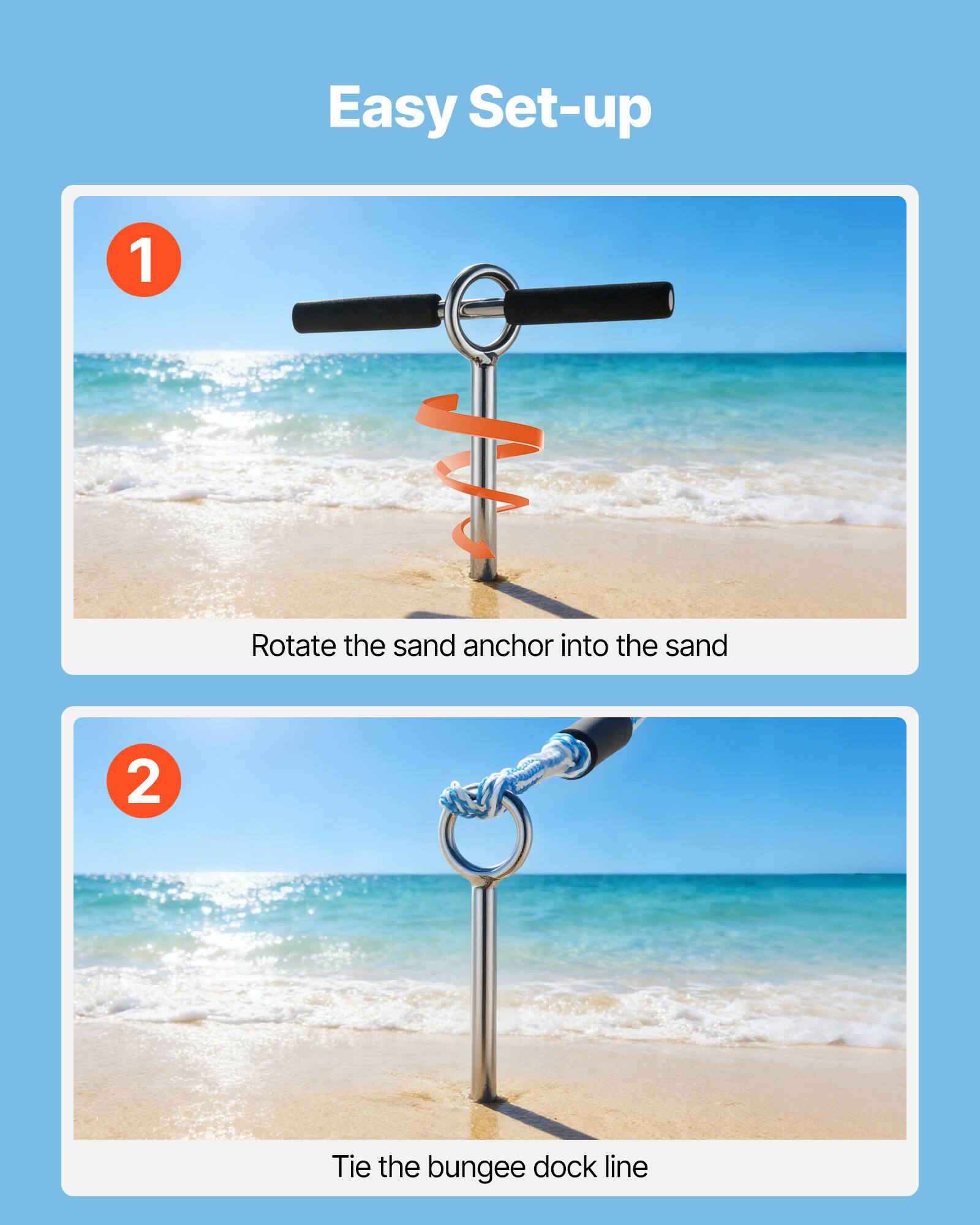 Easy Set-up

1. Rotate the sand anchor into the sand
2. Tie the bungee dock line
