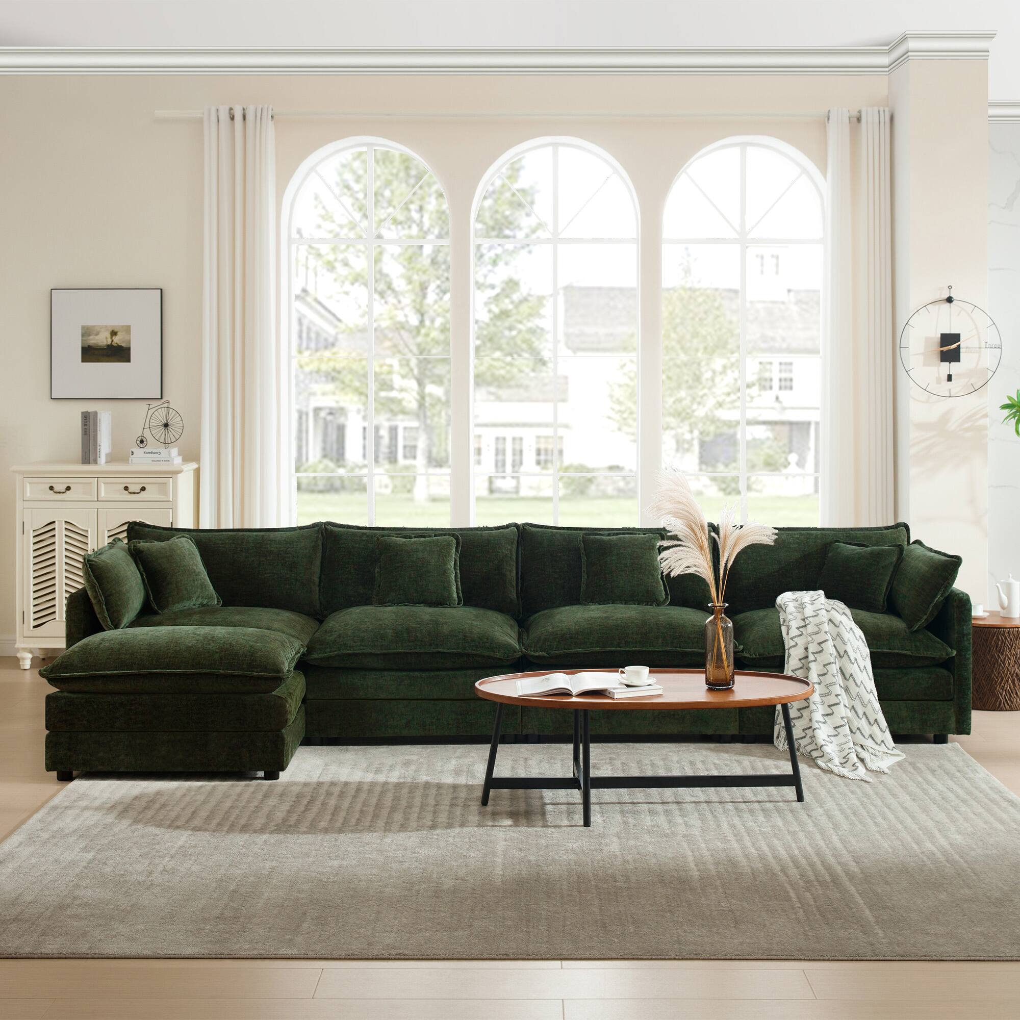 Angle. LOVMOR - U Shaped Modular Easy Assembly 4 Seater Chenille Sectional Couch For Living Room Home Theater Plush Cozy TV XL - Green.