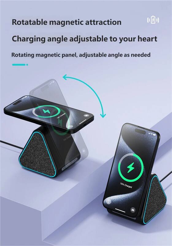 Alt View 5. RISOKEYS - 15W Wireless Fast Charger - Magsafe Wireless Charger, Bluetooth Speaker, Phone Stand, Charging Ambient Light - Black.