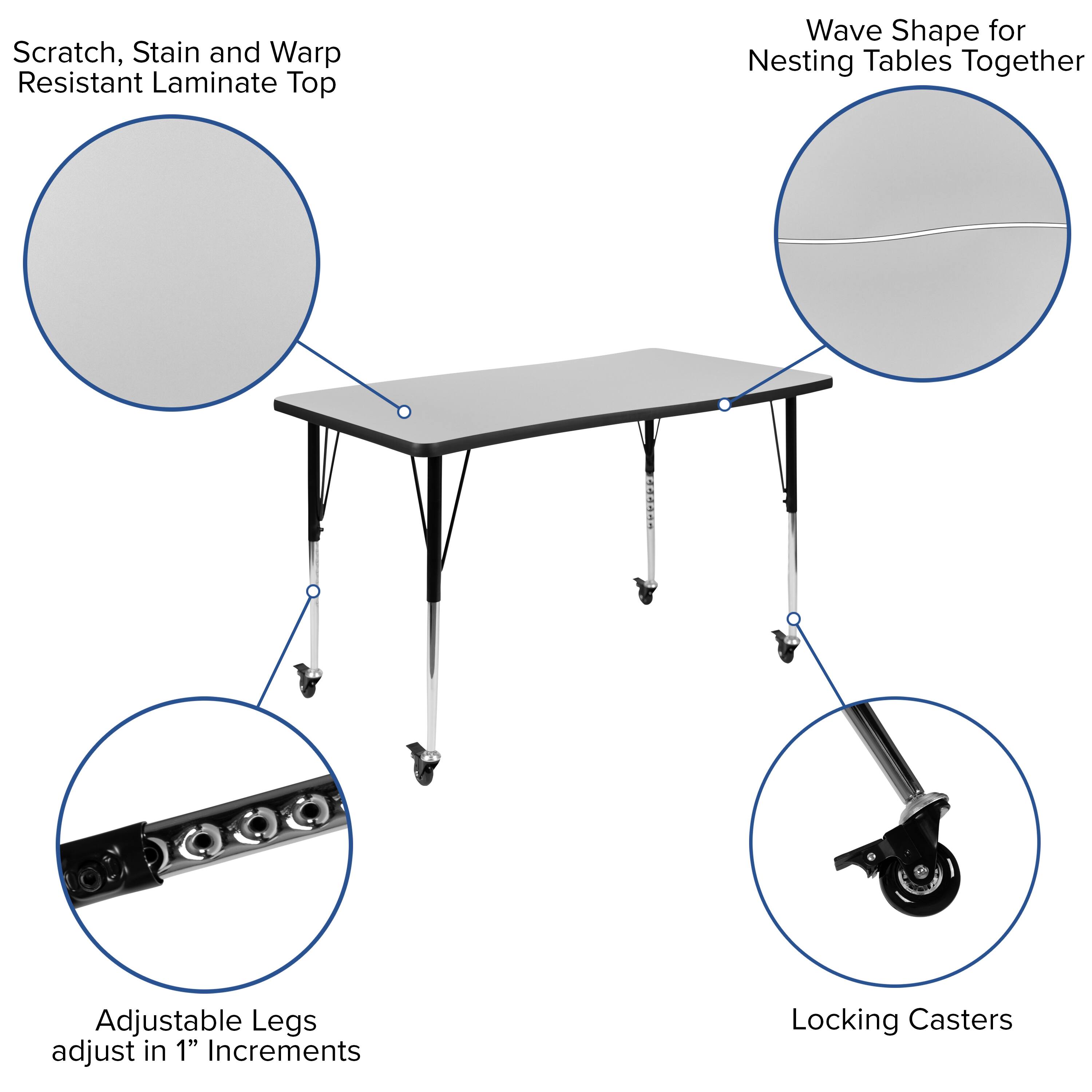 Scratch, Stain and Warp Resistant Laminate Top

Wave Shape for Nesting Tables Together

Adjustable Legs adjust in 1" Increments

Locking Casters