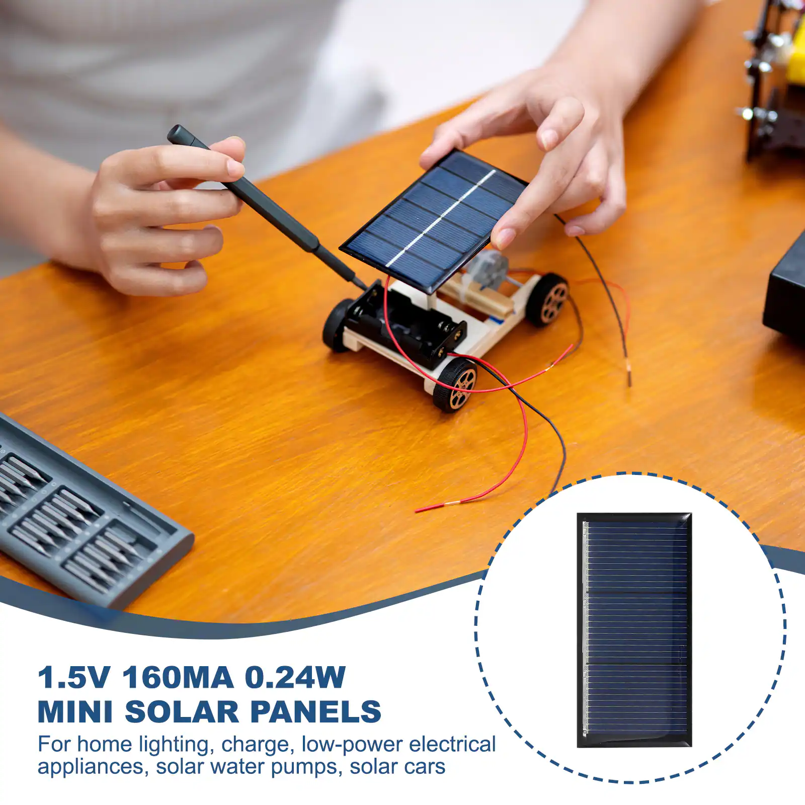 1.5V 160MA 0.24W MINI SOLAR PANELS

For home lighting, charge, low-power electrical appliances, solar water pumps, solar cars