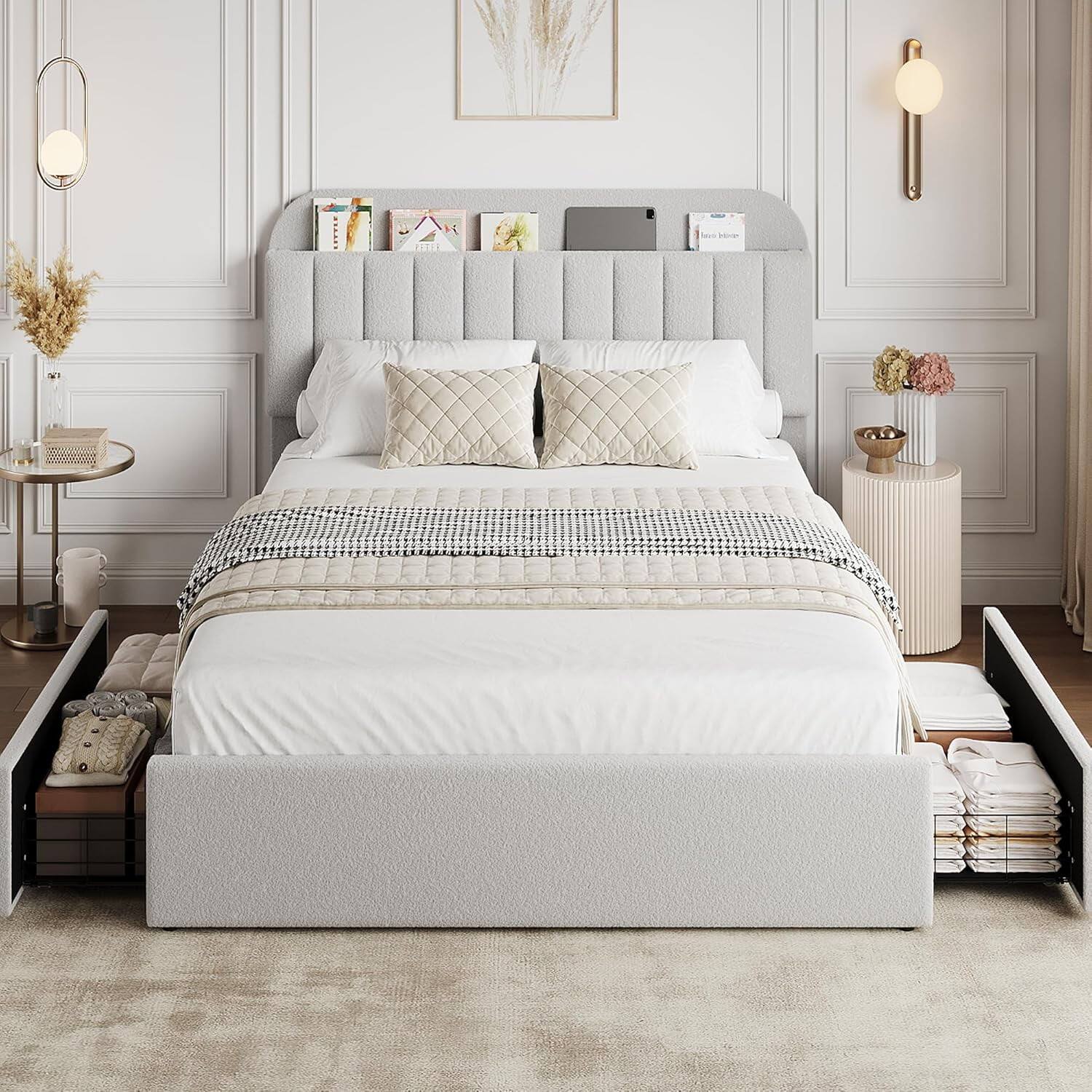 Left. GARVEE - Queen Bed Frame with Storage Headboard, 2 Drawers, Boucle Upholstered, No Box Spring - Gray - Gray Queen.