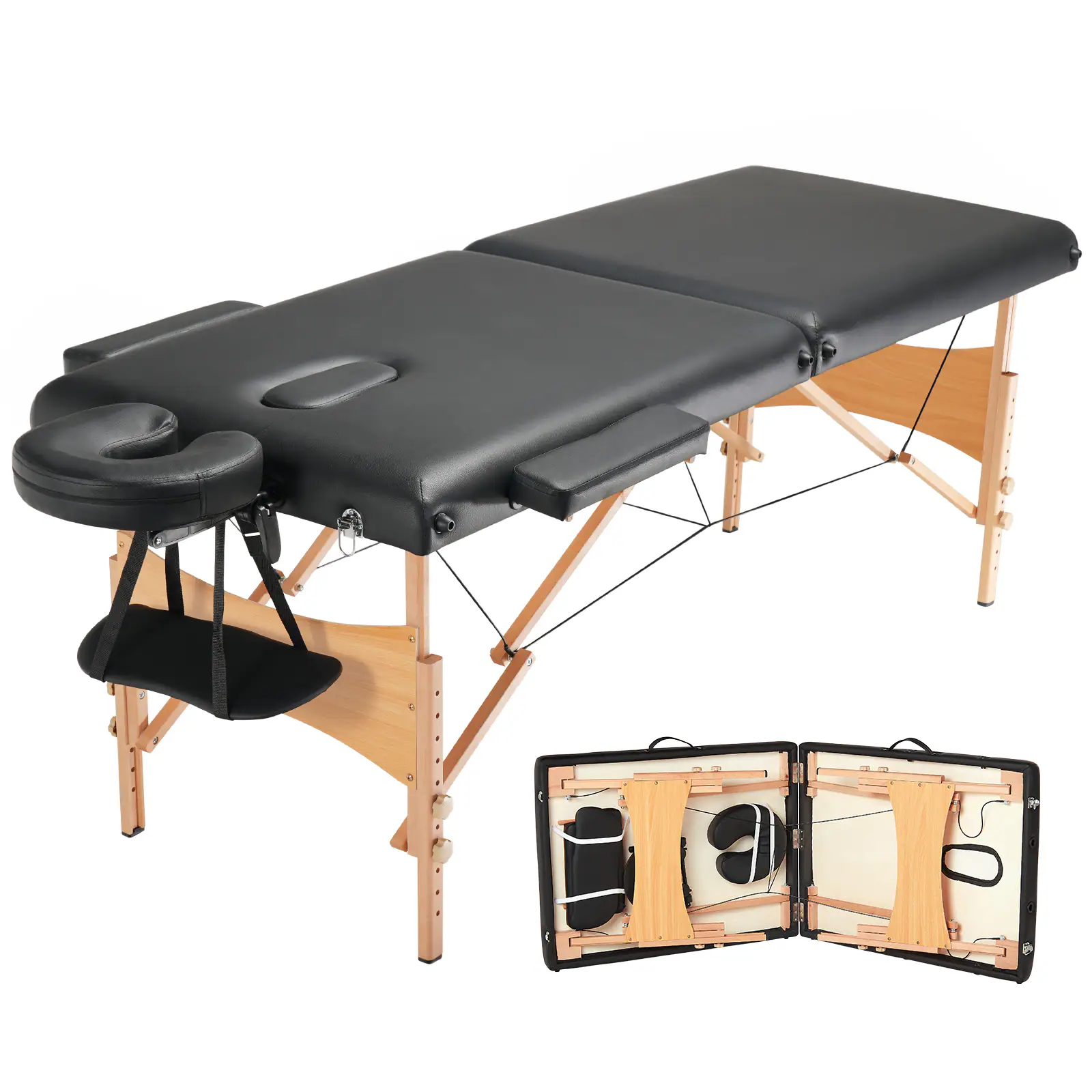 Front. VEVOR - Portable Massage Table 28" W, 2 Folding Lightweight Massage Table, 8-Level Height Adjustable Salon Tattoo Bed - Black.
