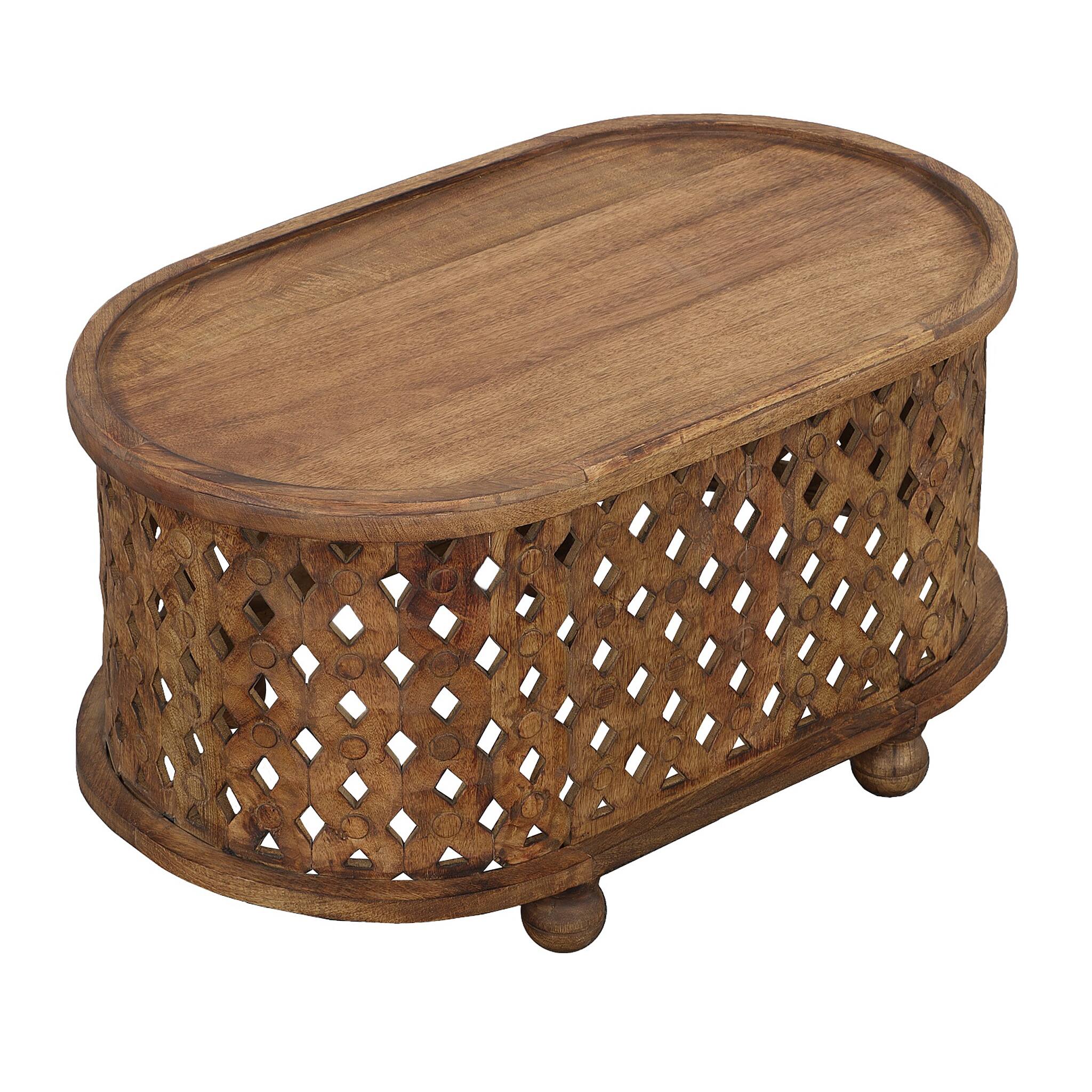 Alt View 1. Manhattan Lane - 36 Inch Handcrafted Oval Coffee Table, Intricate Cutout Design - Brown.