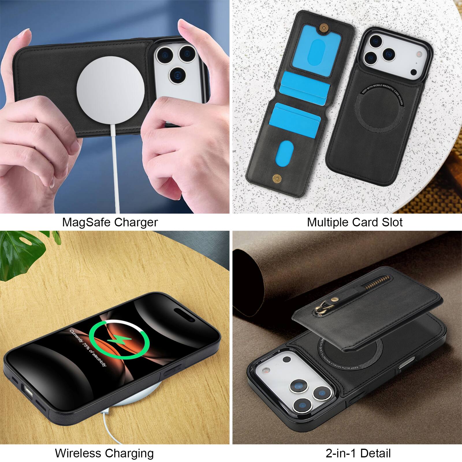 - LA!
- A F I MagSafe Charger
- Multiple Card Slot
- Curenos 75% of jo Wireless Charging
- 2-in-1 Detail