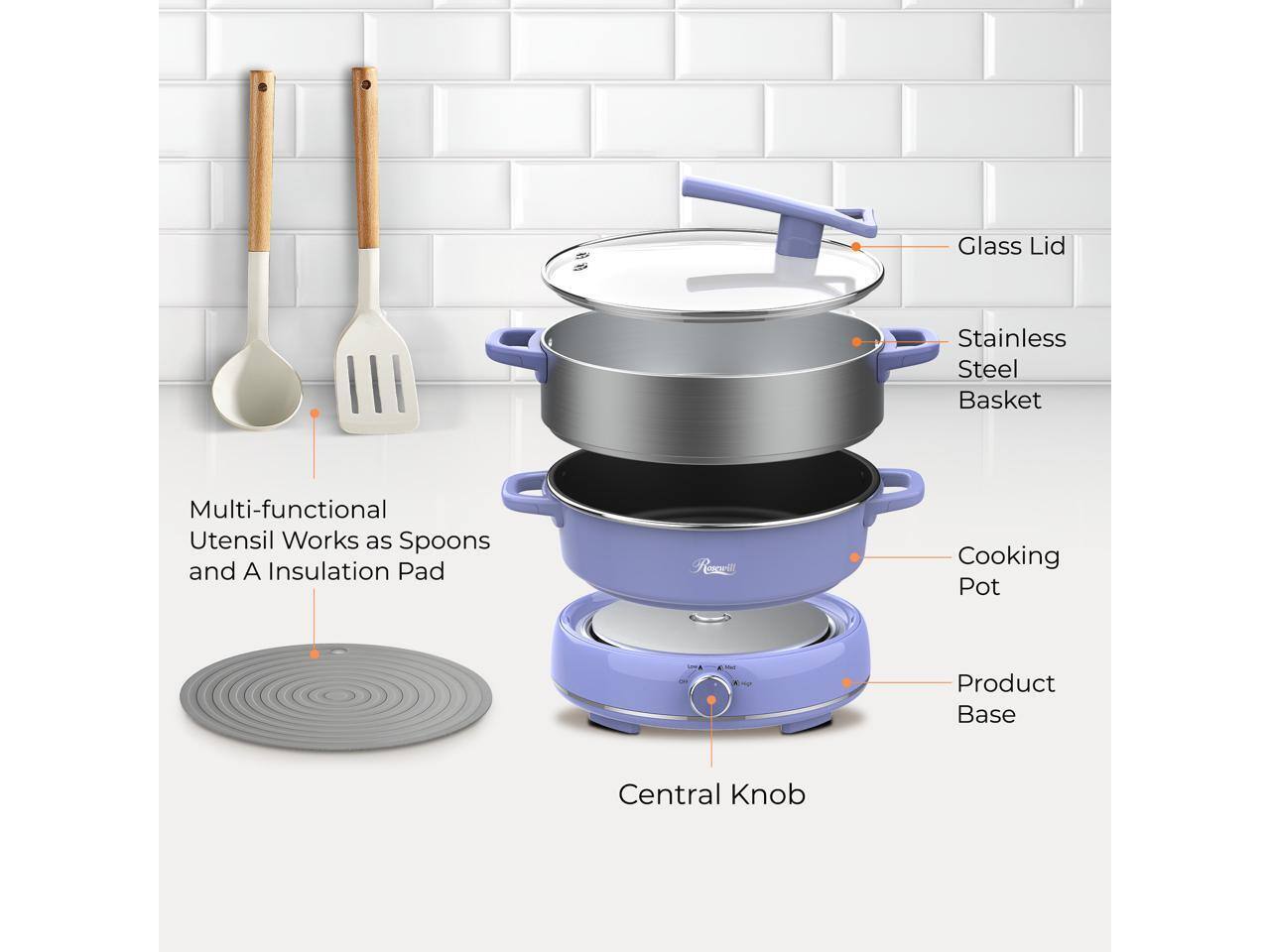Glass Lid Stainless Steel Basket Multi-functional Utensil Works as Spoons and A Insulation Pad Cooking Pot Product Base Central Knob