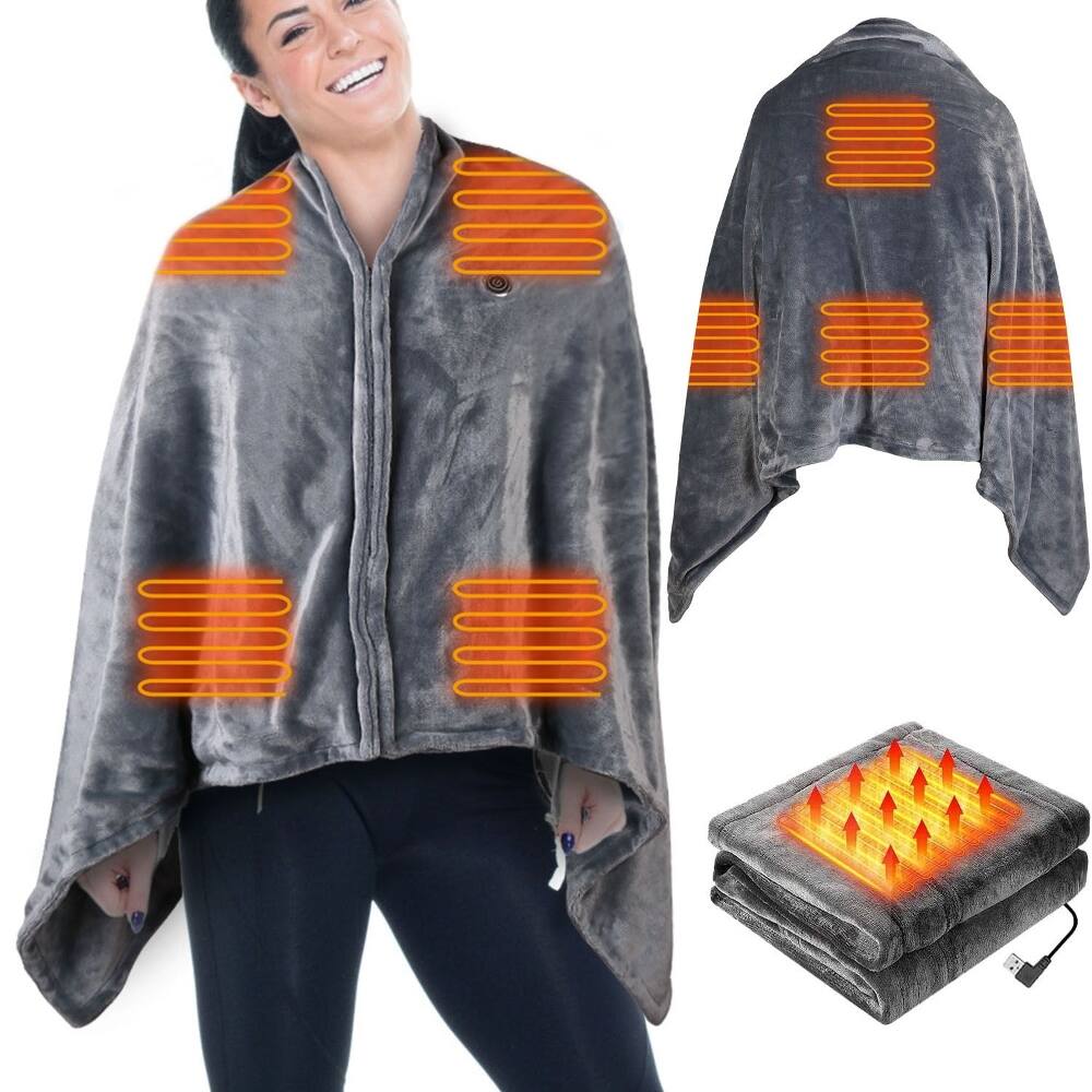 Alt View 4. Loheer - Loheer USB Heated Blanket Wearable Poncho with Zipper 59x31in - Grey.