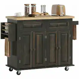 Homcom - Mobile Kitchen Island Table, Kitchen Island Cart on Wheels with Storage Cabinets - Brown Oak