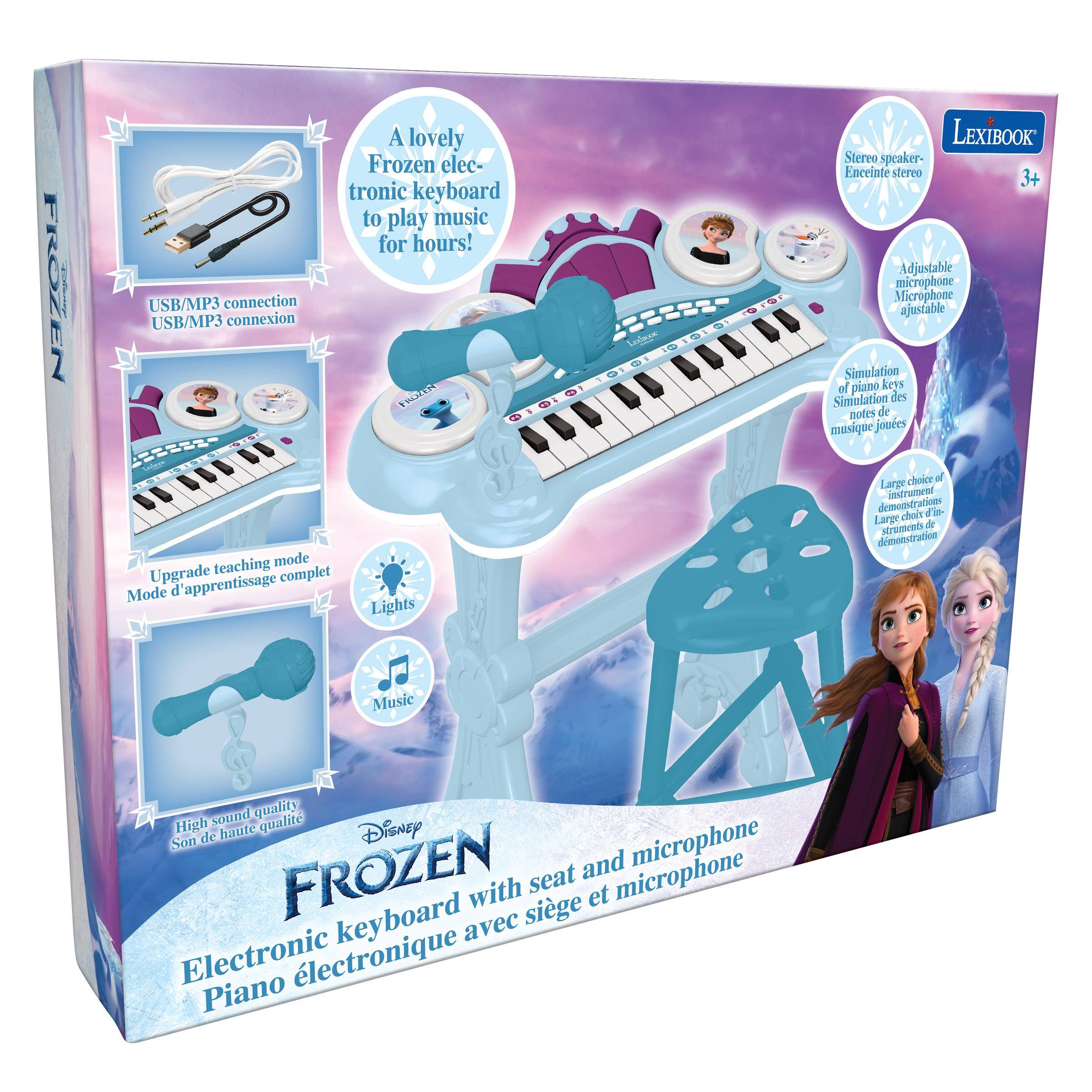 A lovely Frozen electronic keyboard to play music for hours!  
USB/MP3 connection  
USB/MP3 connexion  
Upgrade teaching mode  
Mode d'apprentissage complet  
Stereo speaker  
Enceinte stereo  
Adjustable microphone  
Microphone ajustable  
Simulation of piano keys  
Simulation des notes de musique  
Large choice of demonstrations  
Large choix de démonstrations  
High sound quality  
Son haute qualité  
Electronic keyboard with seat and microphone  
Piano électronique avec siège et microphone  

LEXIBOOK  
3+