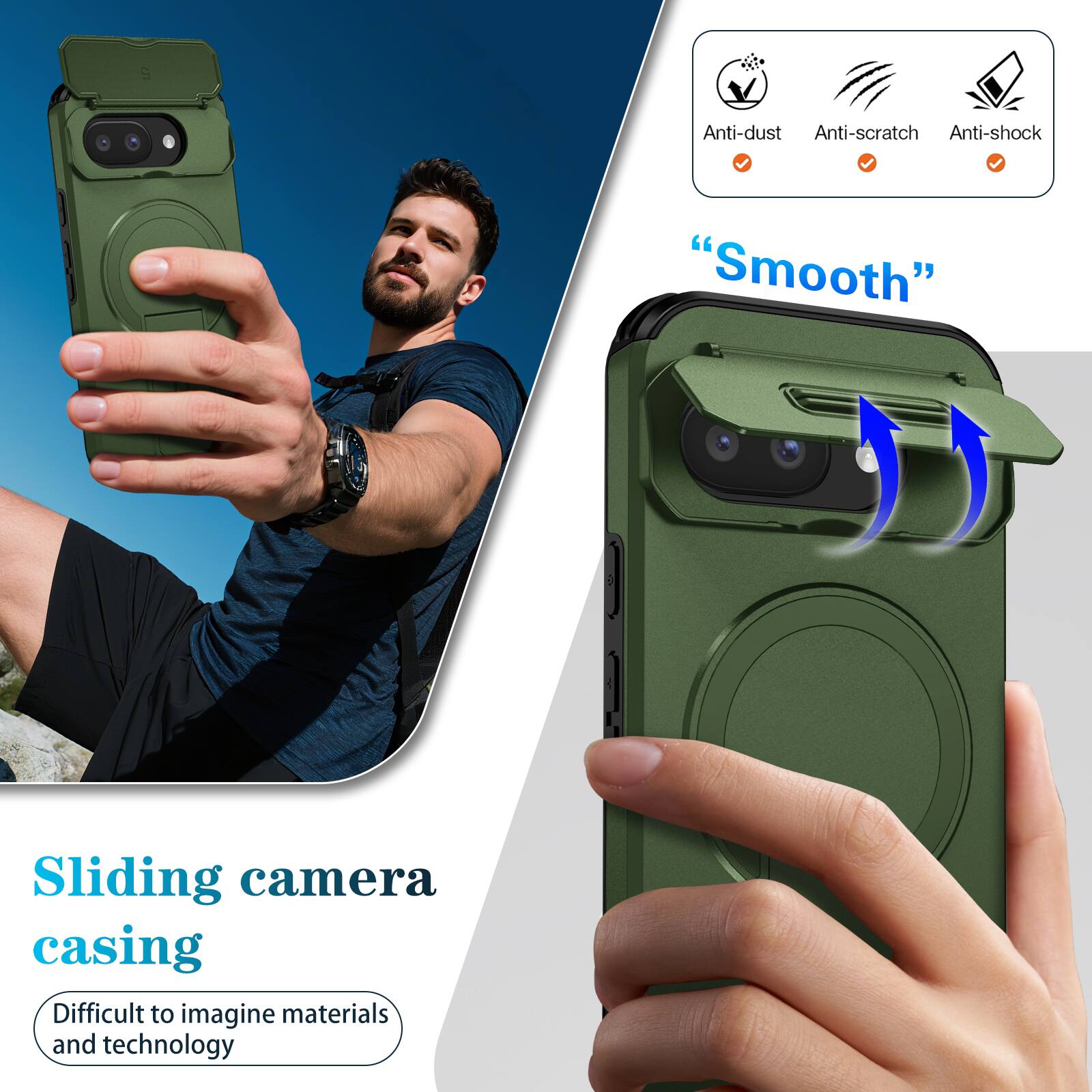 Anti-dust  
Anti-scratch  
Anti-shock  
"Smooth"  
Sliding camera casing  
Difficult to imagine materials and technology