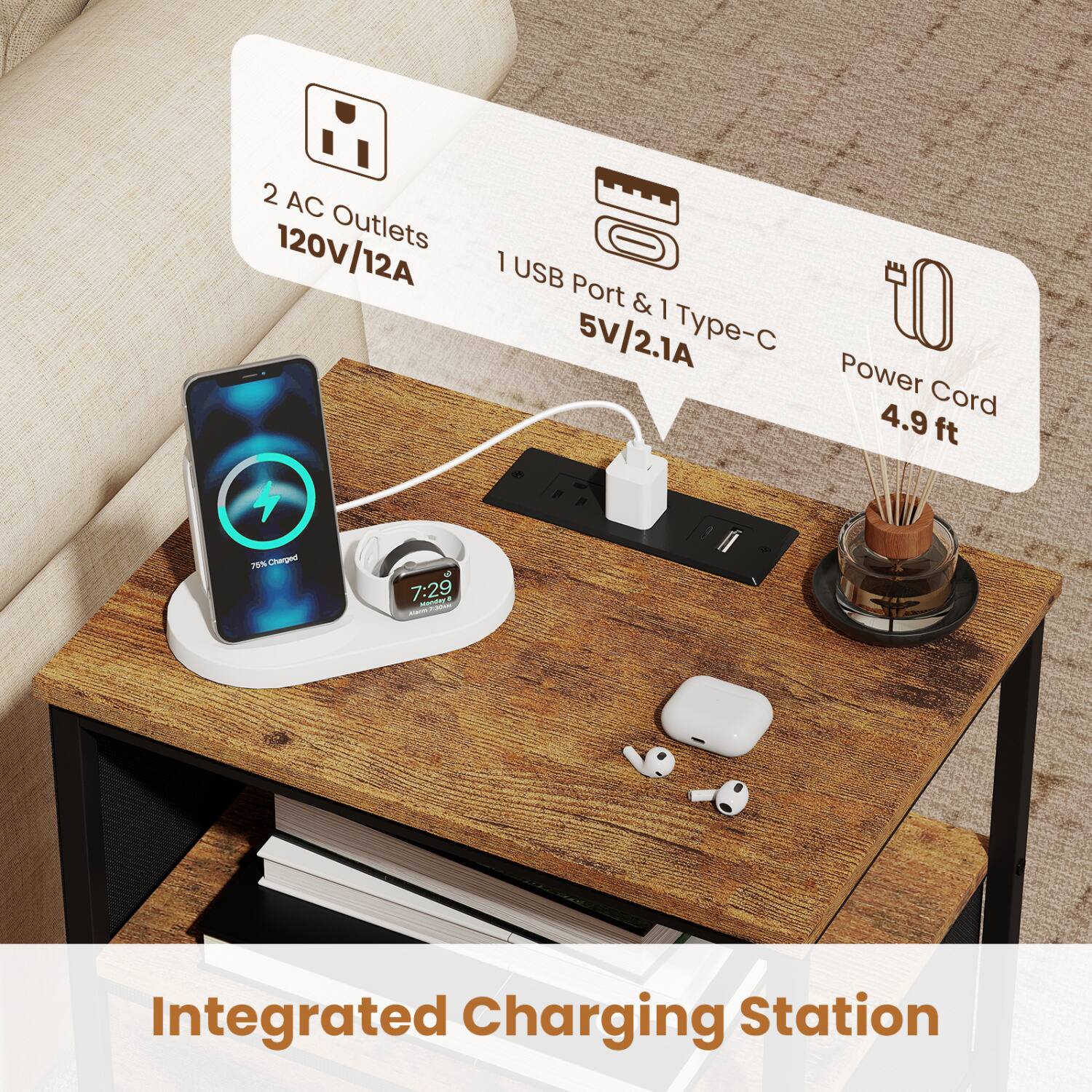 2 AC Outlets 120V/12A  
1 USB Port & 1 Type-C 5V/2.1A  
Power Cord 4.9 ft  
75% Charged  
7:29 Monday  
230AH  
Integrated Charging Station