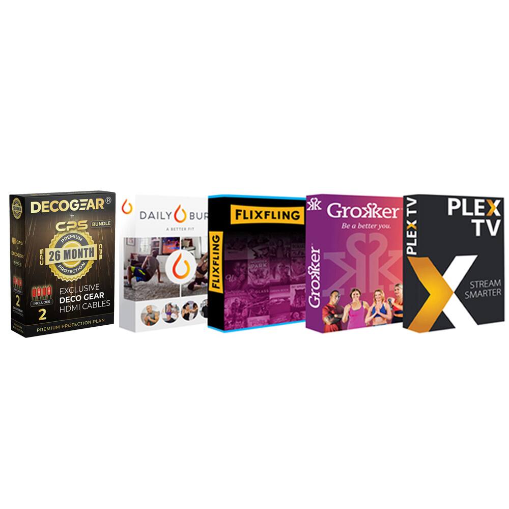 DECOGEAR CPS BUNDLE  
20 MONTH  
INCLUDES 2 EXCLUSIVE DECOGEAR HDMI CABLES  

DAILY BURN  
A BETTER YOU  

FLIXFLING  
26 MONTH  
PREMIUM PROTECTION PLAN  

Groxker TV  
Be a better you.  

PLEX TV  
STREAM SMARTER