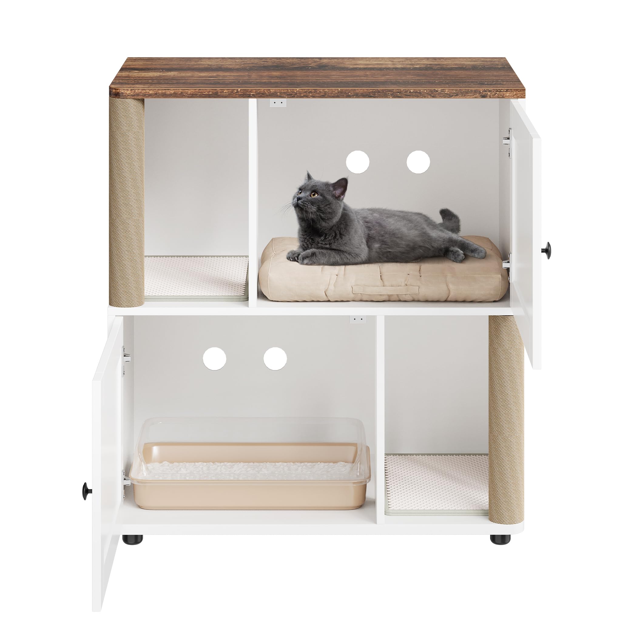 Angle. Ficcuss Pets - Double Layer Cat Litter Box Enclosure for 2 Cats, Wooden Furniture with Scratching Posts & Board - White.