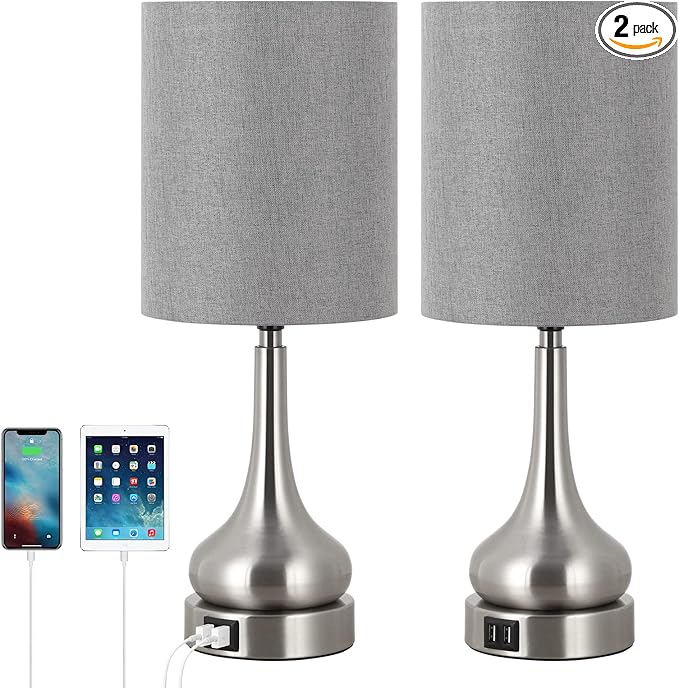 Oumilen - Small Desk Lamp with Dual USB Ports - Blue Linen Shade & Silver Metal Base Nightstand Lamp for Bedroom Office