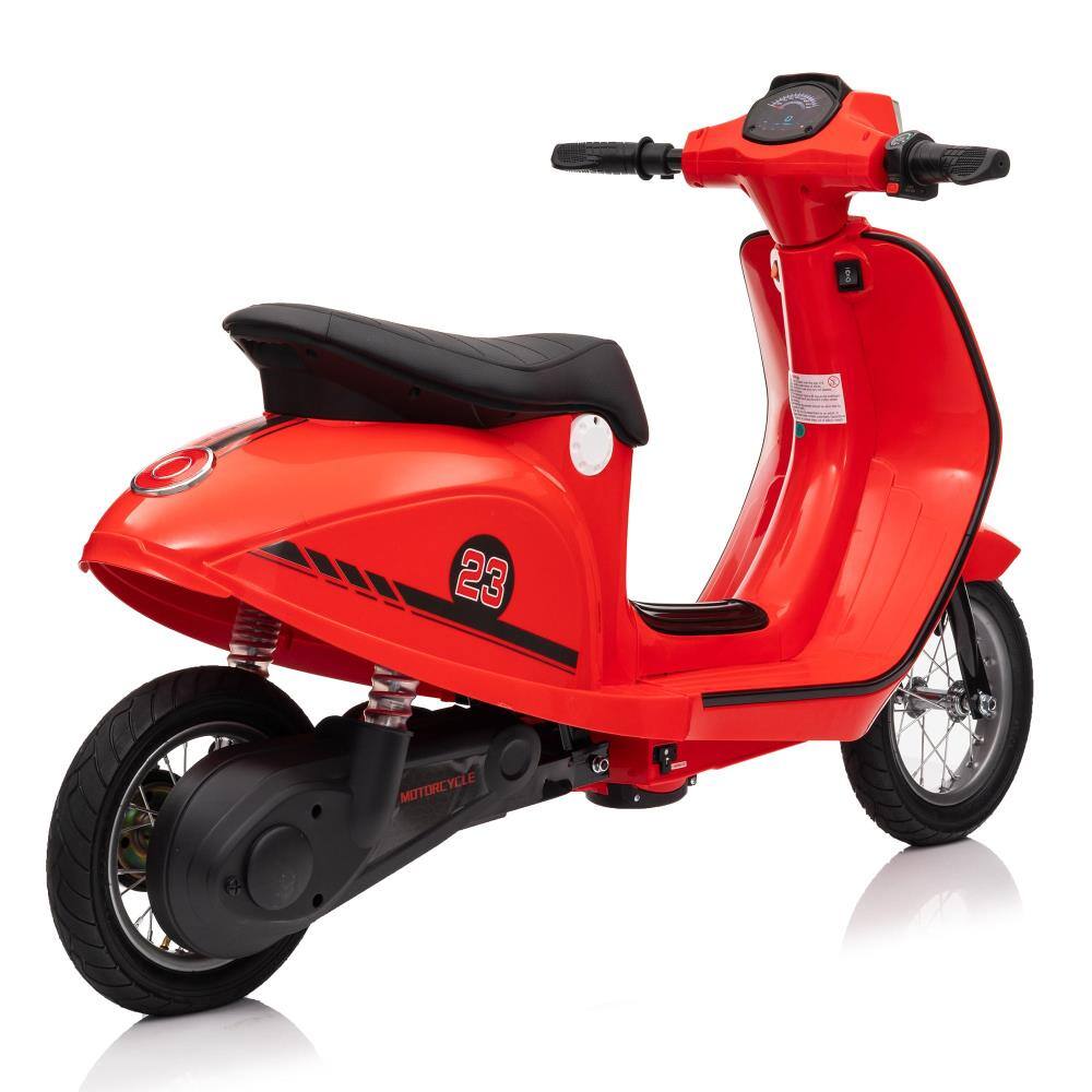 Back. BreeBe - 24V 250W Electric Scooter w/ 12" Air Tires, Hand Brake & Accelerator, Dual Rear Suspension, Slow Start, Ages 8+ - Red.