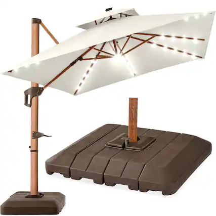 Front. Best Choice Products - Best Choice Products 10ft Square Woodgrain Pattern 2-Tier Outdoor Solar LED Cantilever Umbrella w/ Base - Ivory - Ivory.