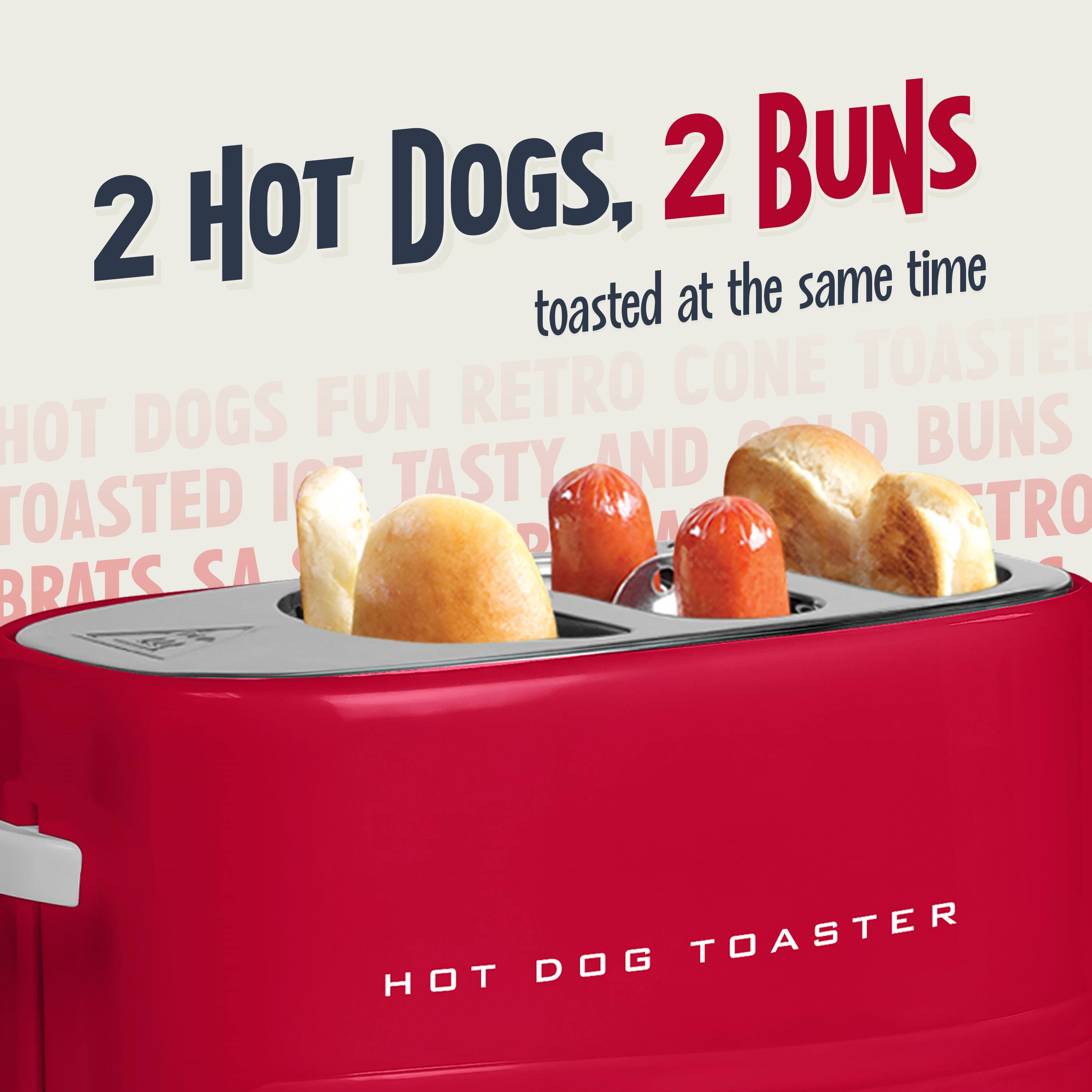 2 Hot Dogs, 2 Buns  
toasted at the same time  

Hot Dogs Fun Retro Cone Toaster  
Hot Dogs and Buns  
Toasted and Tasty  
Retro Brats and Sausages  

Hot Dog Toaster